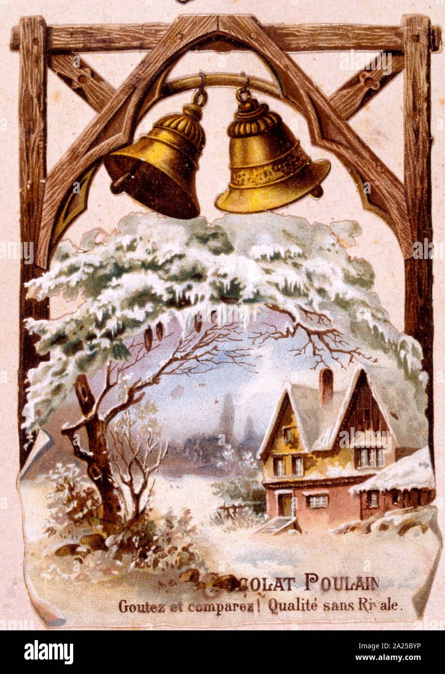 Illustration depicting a Christmass theme, snow bells and a cottage (French) 1890 Stock Photo