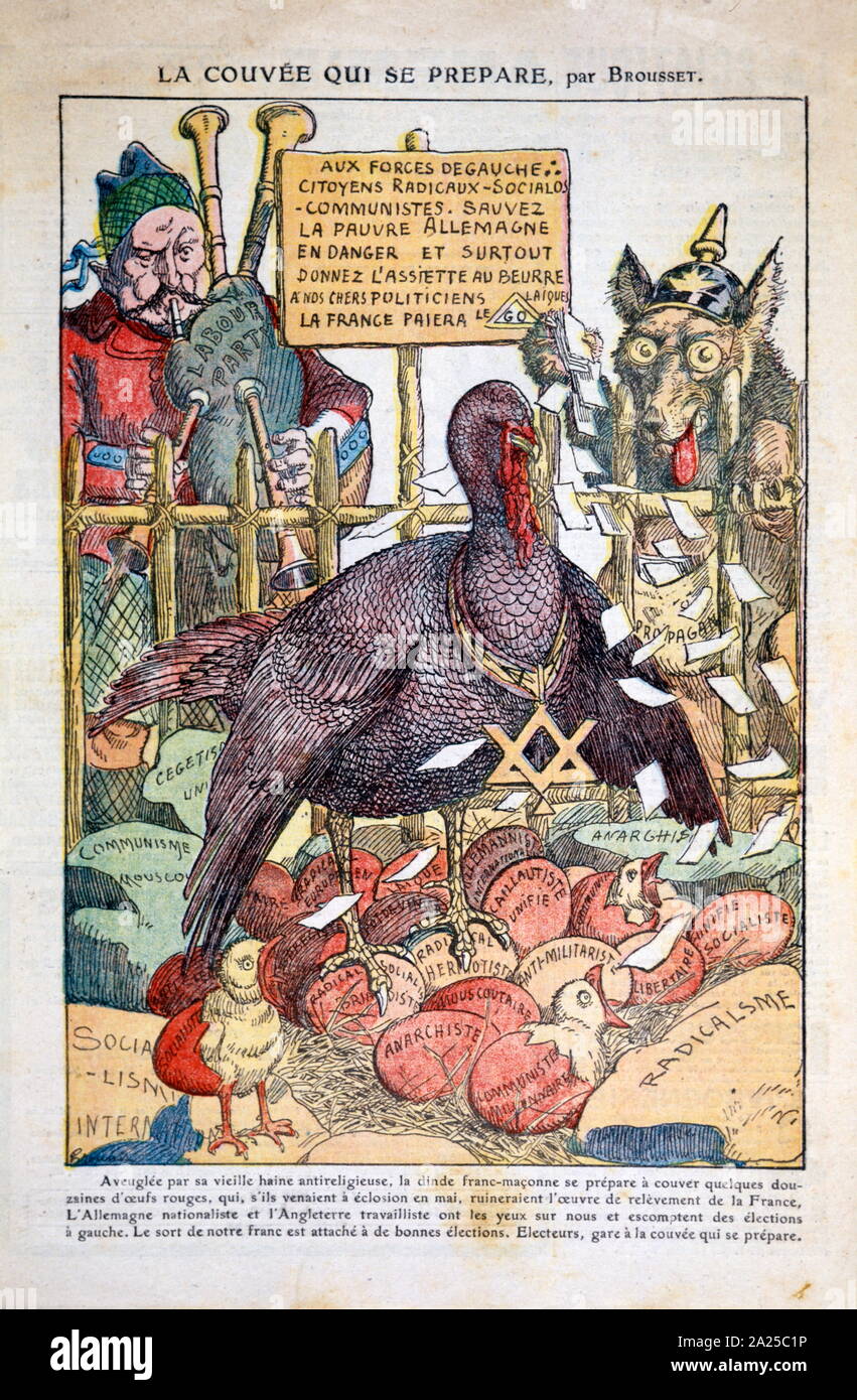 French Satirical Illustration on the dangers of Freemasonry, radical politics, anarchism and communism 1924 Stock Photo