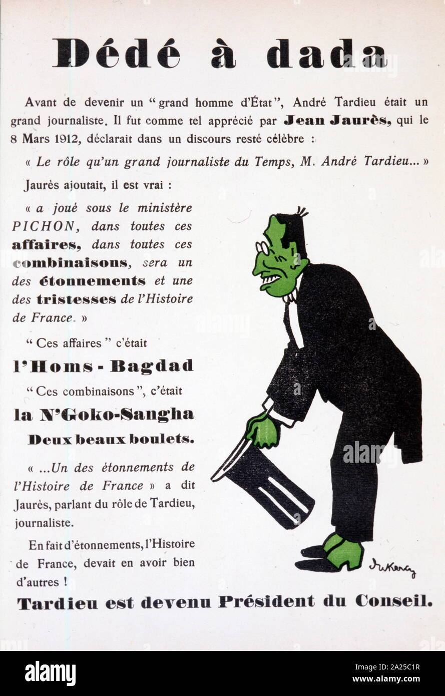 Dada dedication to Andre Tardieu (1876 – 1945), three times Prime Minister of France and a dominant figure of French political life in 1929–1932. 'Dedicated to dada' Dada (Dadaism) was an art movement of the European avant-garde in the early 20th century. circa 1929 Stock Photo