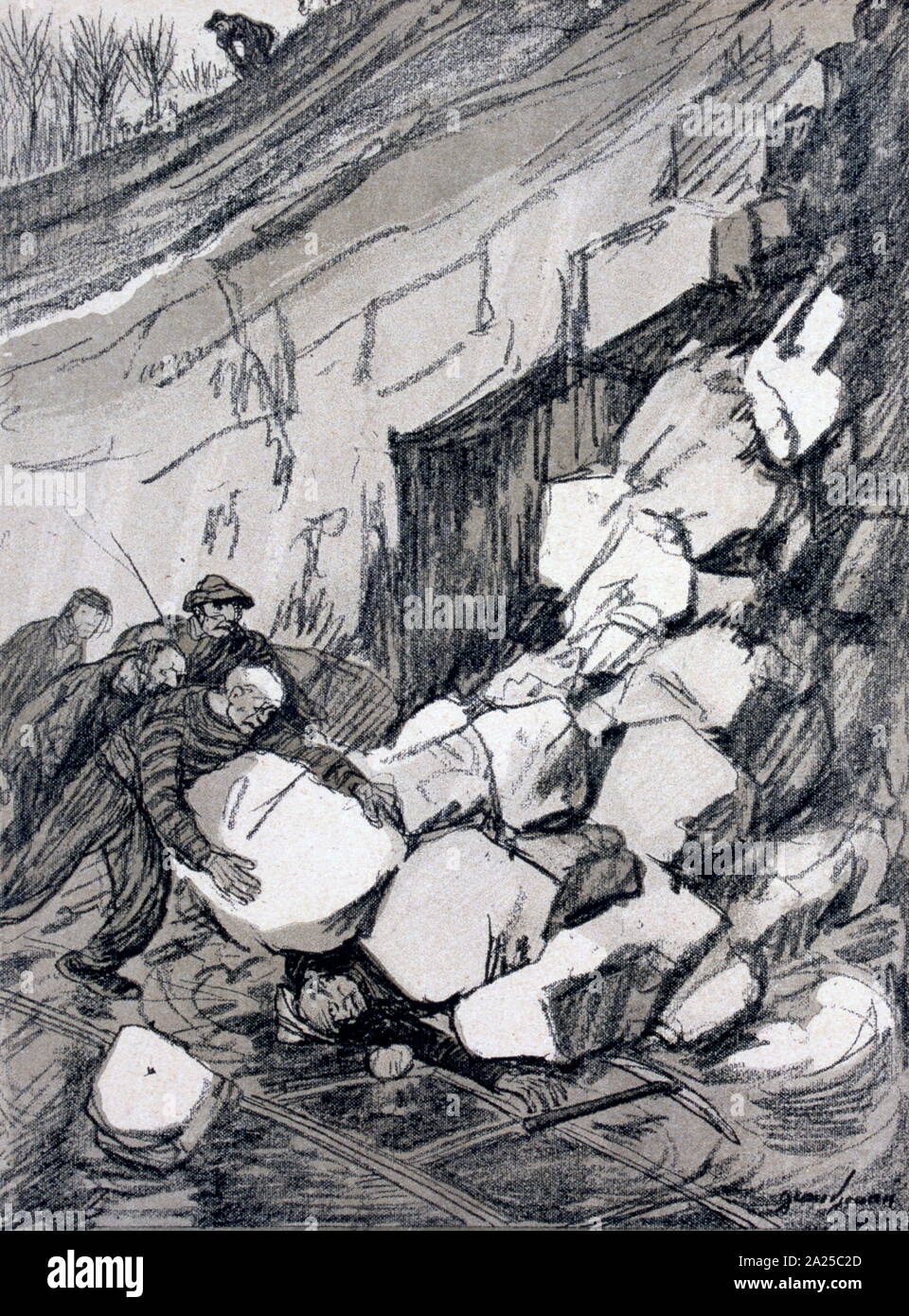 French Illustration showing dangerous conditions for quarry workers in the construction industry. France 1906 Stock Photo