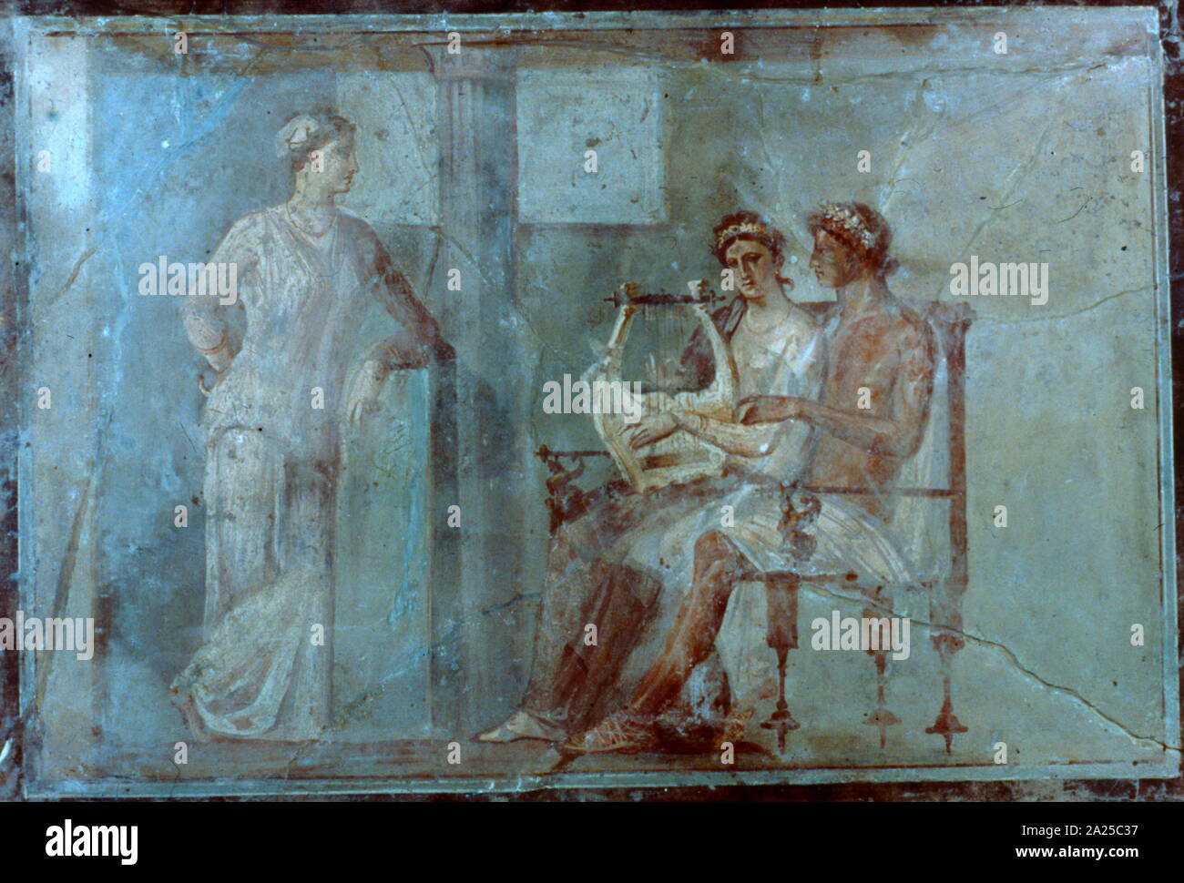 The Music Lesson. Roman wall-painting found at Herculaneum, an ancient Roman town destroyed by volcanic pyroclastic flows in 79 AD. Its ruins are located in the comune of Ercolano, Campania, Italy. Stock Photo