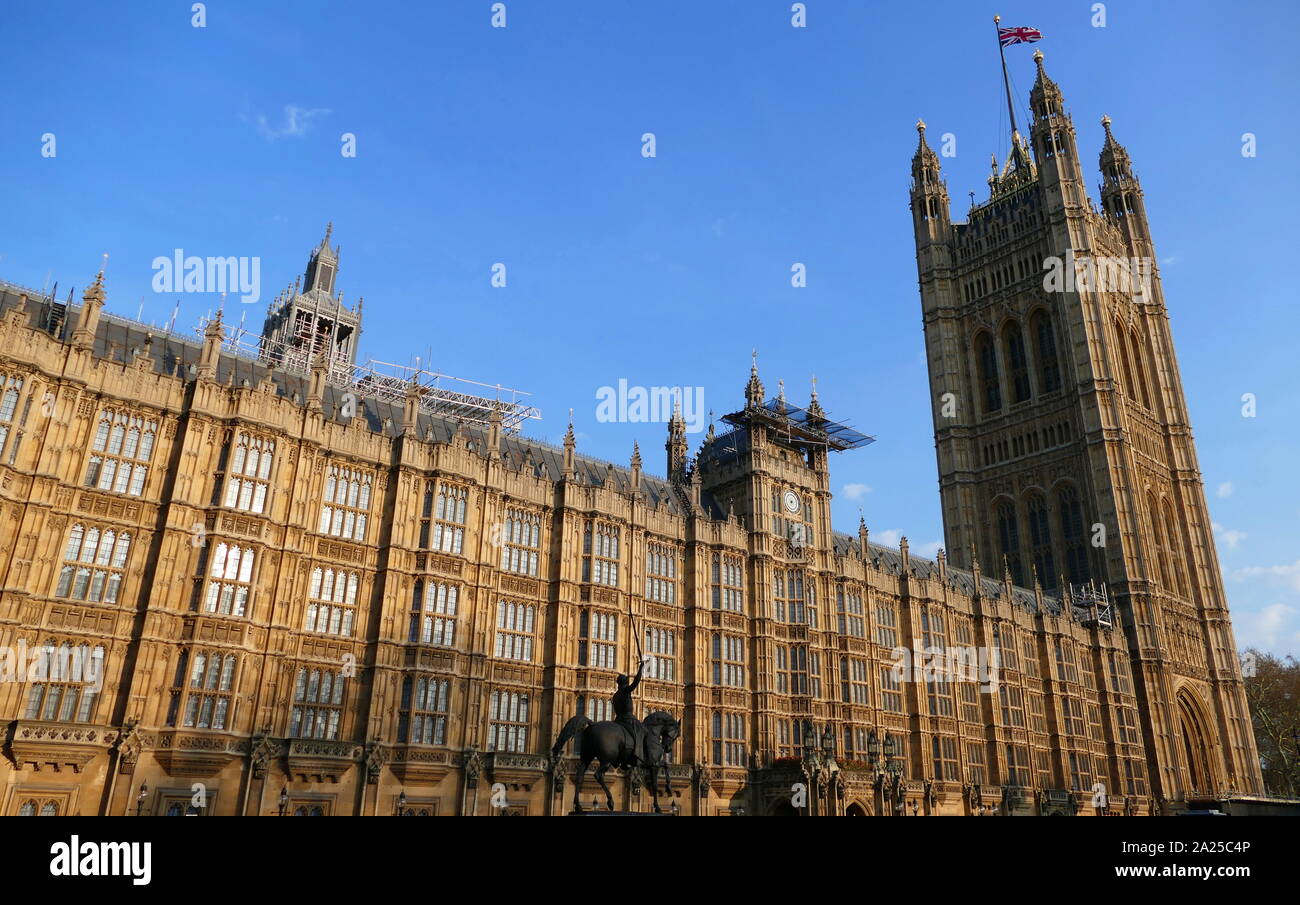 The House of Lords, also known as the House of Peers, is the upper house of the Parliament of the United Kingdom. Membership is granted by appointment or else by heredity or official function. Like the House of Commons, it meets in the Palace of Westminster. Stock Photo
