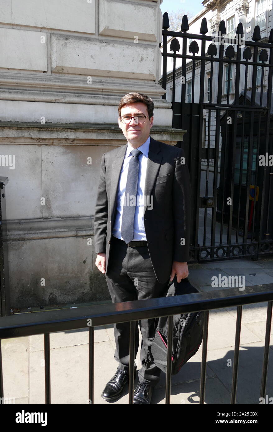 Andy Burnham visits Downing street for a 'Knife Crime Summit' April 2019. Andrew Burnham; British Labour and Co-operative politician; Mayor of Greater Manchester since May 2017. He was previously the Member of Parliament (MP) Stock Photo