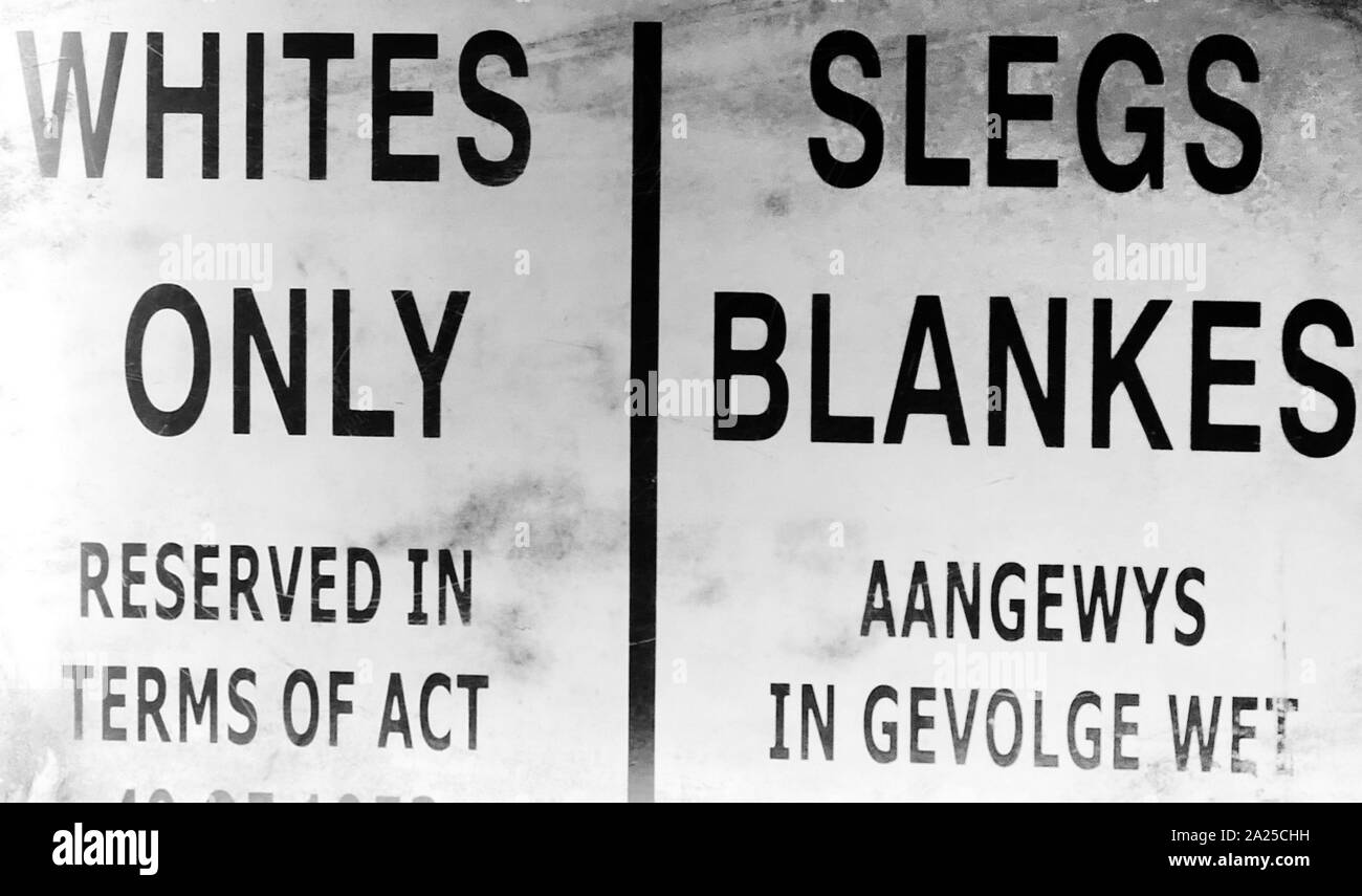 Official signs used in South Africa under the Apartheid administration. Apartheid was a system of institutionalised racial segregation that existed in South Africa from 1948 until the early 1990s. Apartheid was characterised by an authoritarian political culture based on baasskap (or white supremacy), which encouraged state repression of Black African, Coloured, and Asian South Africans for the benefit of the nation's minority white population. Stock Photo