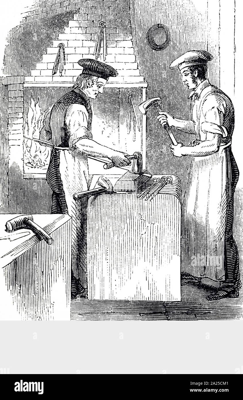 Engraving depicting the forging of razor blades. Dated 19th century Stock Photo