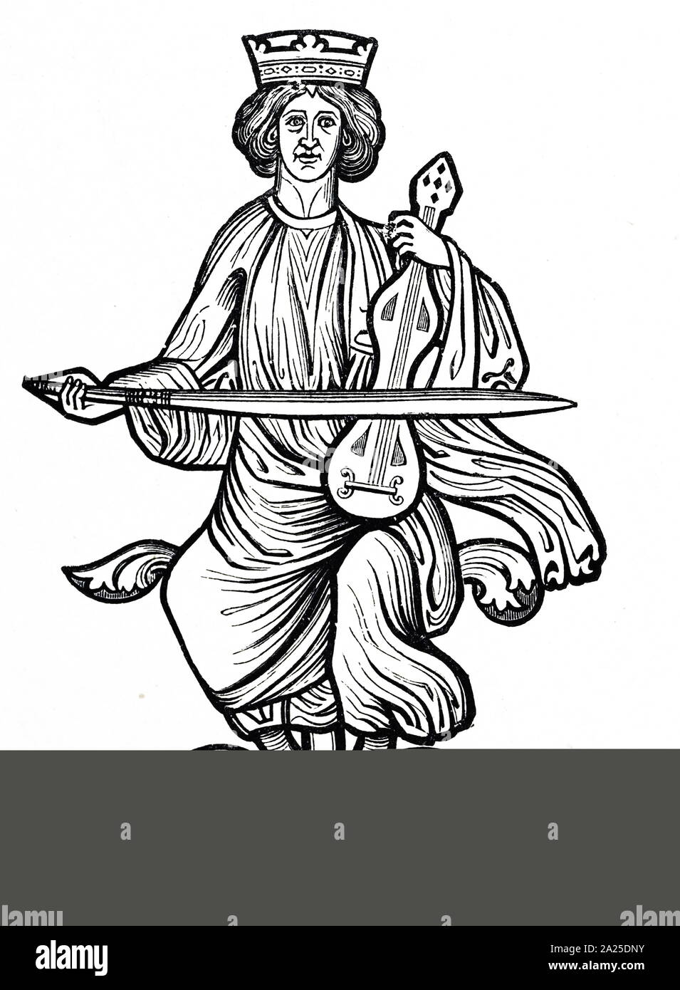 Woodblock engraving depicting King David shown playing a rote, a medieval stringed instrument. Engraving after detail in a 13th century window. Dated 19th century Stock Photo