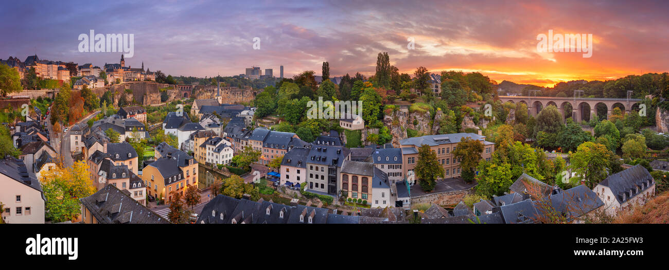 Luxembourg City, Luxembourg. Panoramic cityscape image of old town Luxembourg City skyline during beautiful sunrise. Stock Photo