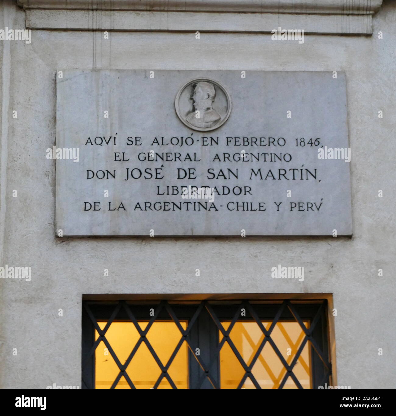 Plaque commemorating Jose de San Martin (1778-1850) a Spanish-Argentine general and the prime leader of the southern and central parts of South America's successful struggle for independence from the Spanish Empire who served as the Protector of Peru. Stock Photo