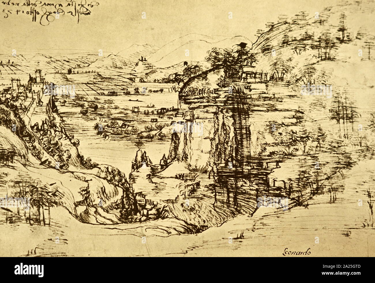 Sketch titled 'Arno Landscape' by Leonardo da Vinci. Leonardo di ser