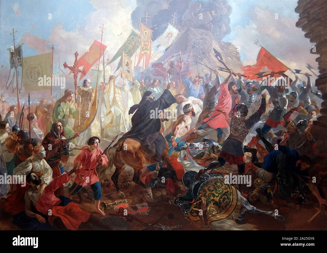 Painting titled 'The Siege of Pskov by Polish King Stephan Batory in 1581' by Karl Bryullov. Karl Pavlovich Bryullov (1799-1852) a Russian painter Stock Photo
