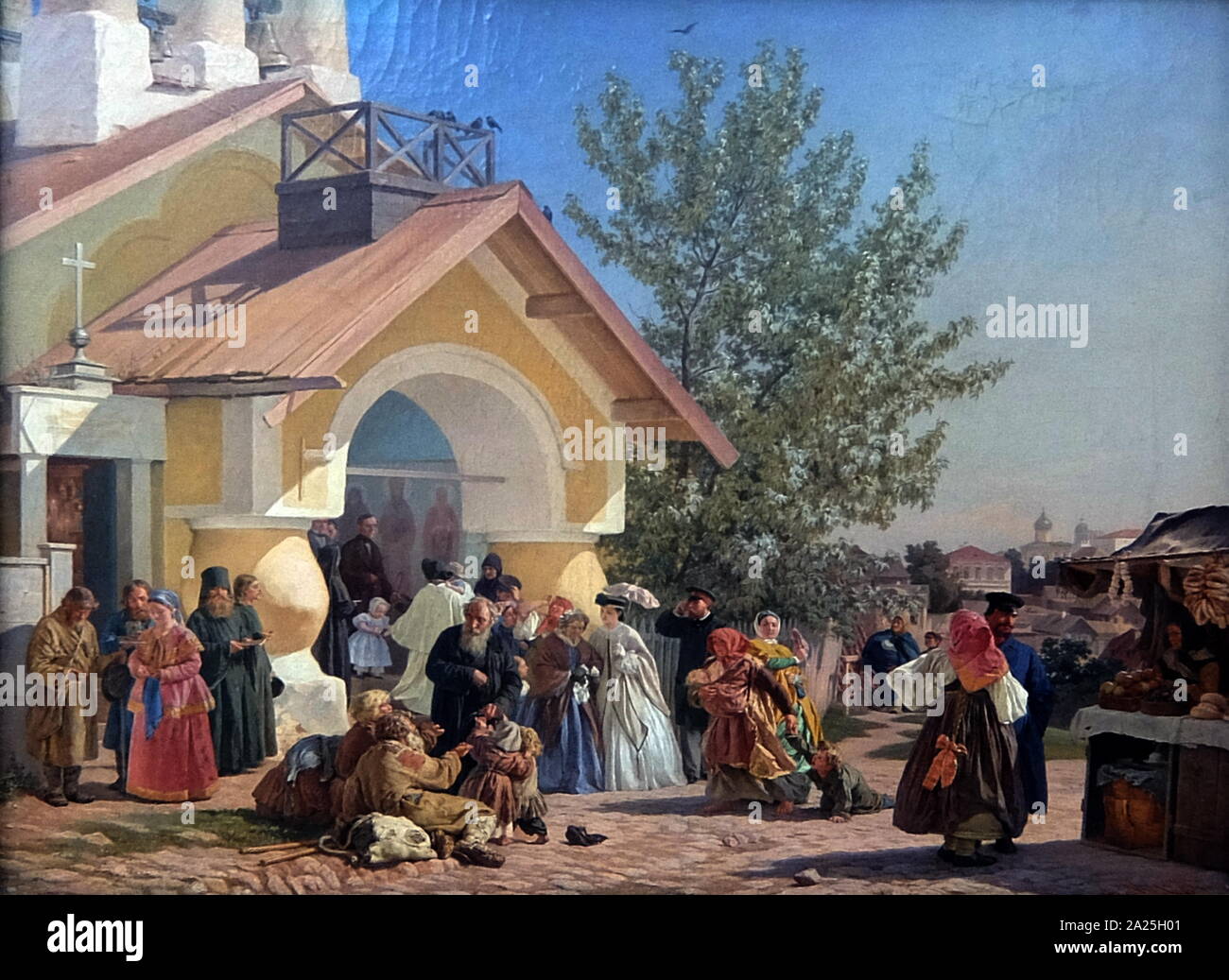 Painting titled 'Coming out of the Church in Pskov' by Alexander Ivanovich Morozov. Alexander Ivanovich Morozov (1835-1904) a Russian genre painter and engraver Stock Photo