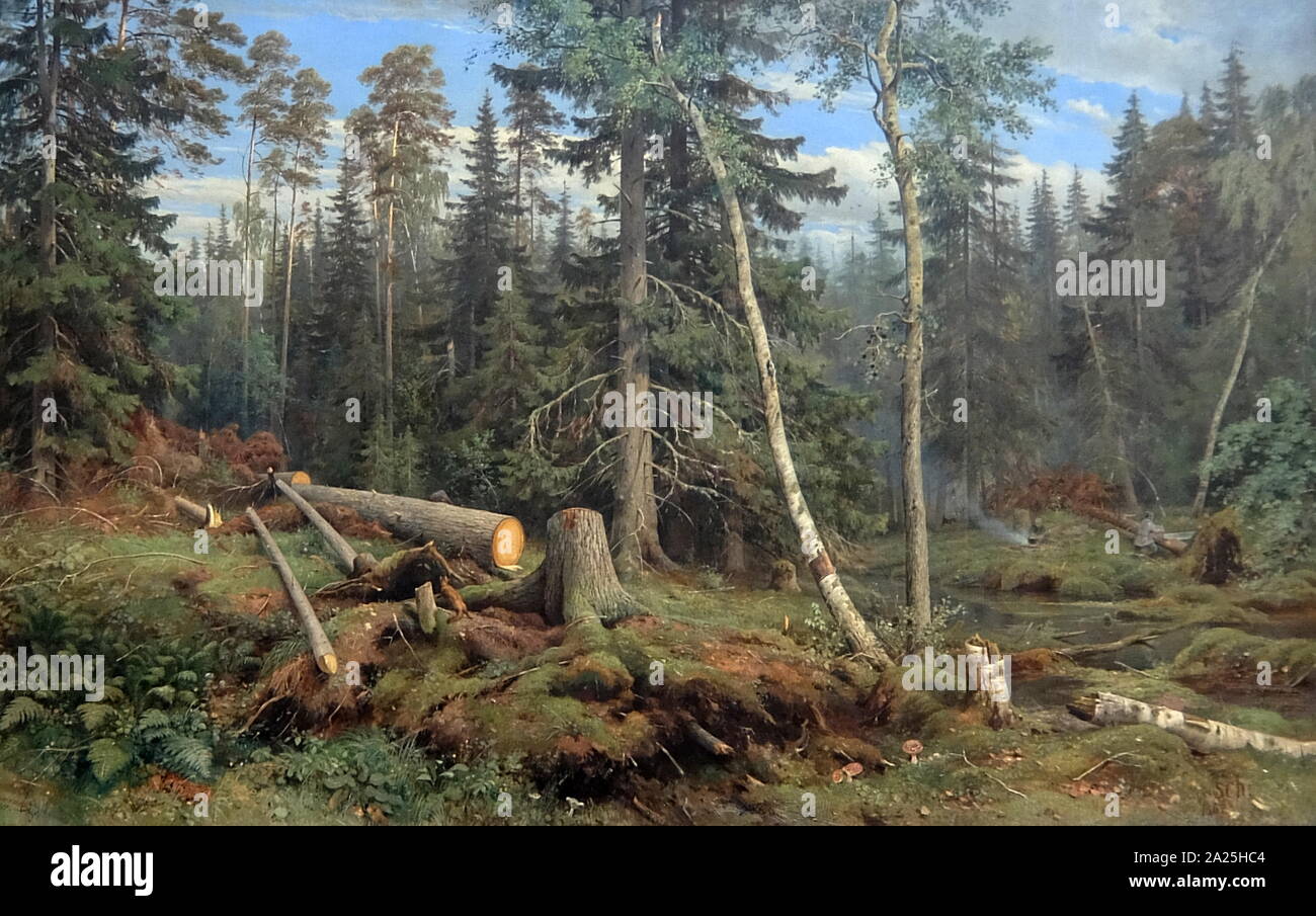 Painting titled 'Tree-Felling' by Ivan Shishkin. Ivan Ivanovich Shishkin (1832-1898) a Russian landscape painter Stock Photo