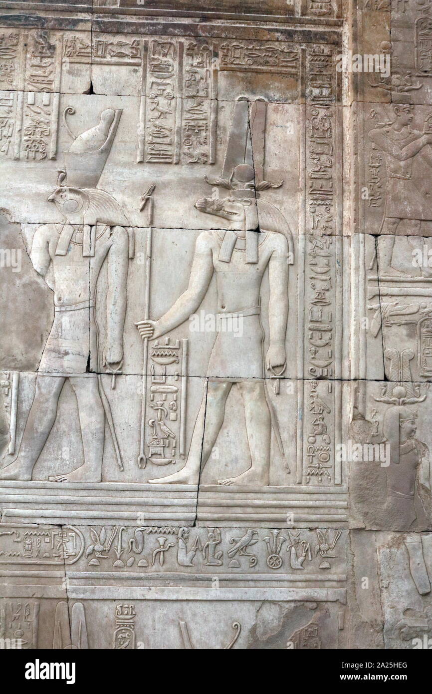 Temple of Kom Ombo, Upper Egypt. Constructed during the Ptolemaic dynasty, 180–47 BC. Some additions to it were later made during the Roman period. The building is unique because its 'double' design meant that there were courts, halls, sanctuaries and rooms duplicated for two sets of gods. The southern half of the temple was dedicated to the crocodile god Sobek. the northern part of the temple was dedicated to the falcon god Haroeris ('Horus the Elder'), along 'with Tasenetnofret, a special form of Hathor Stock Photo