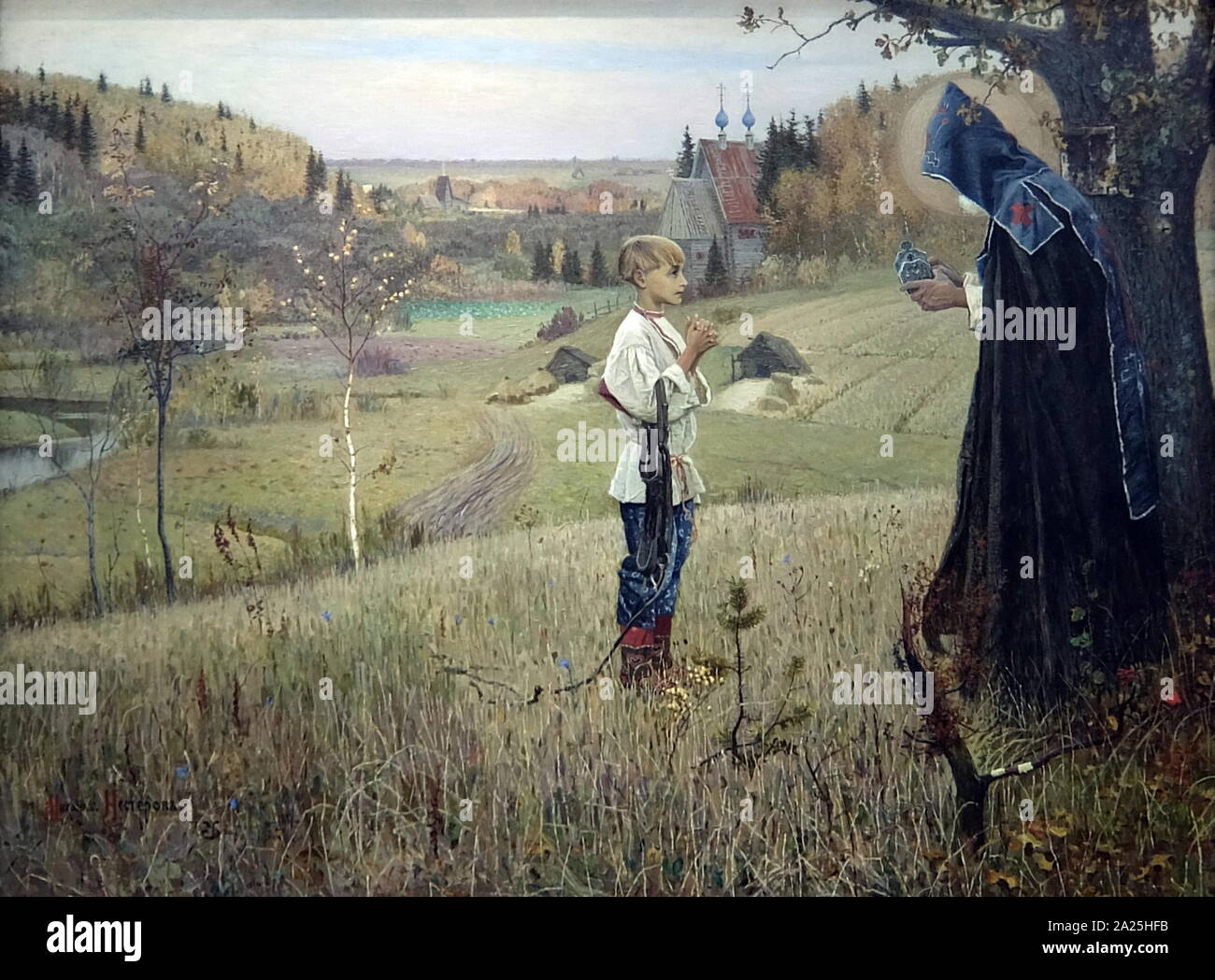 Painting titled 'Vision to the Youth Bartholomew' by Mikhail Nesterov. Mikhail Vasilyevich Nesterov (1862-1942) a Russian and Soviet painter. Stock Photo