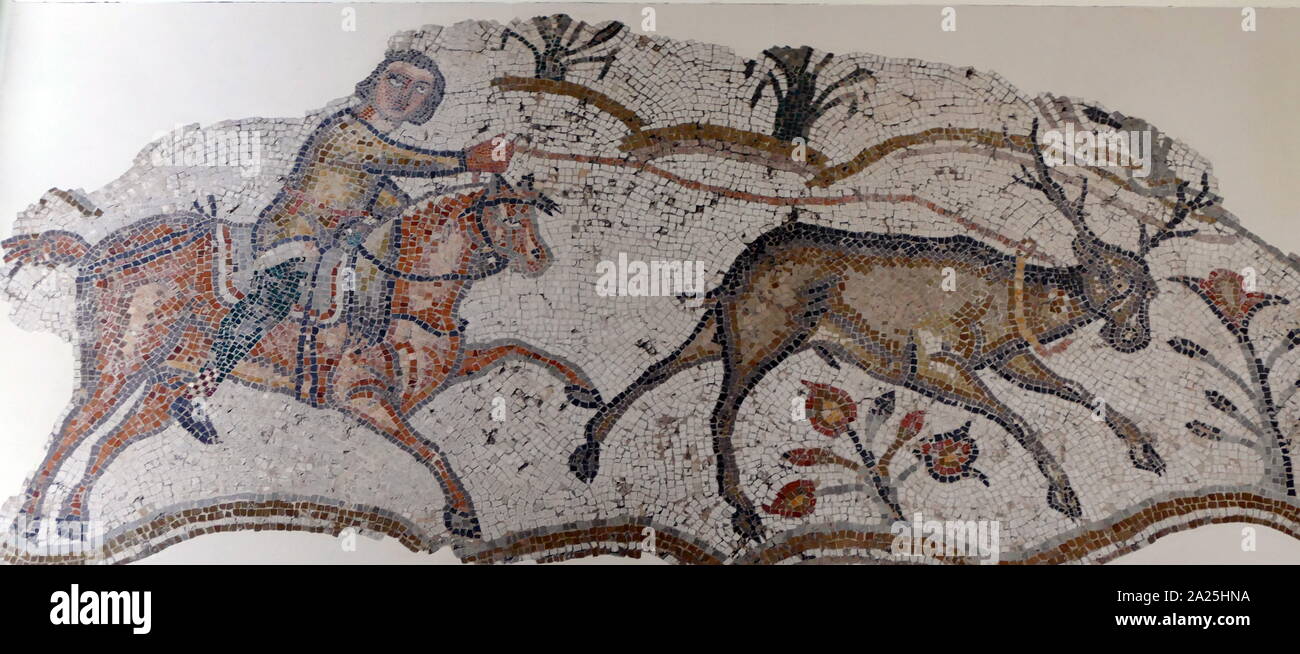 Roman British, mosaic showing a hunting scene, 5th - 6th Century AD Stock Photo