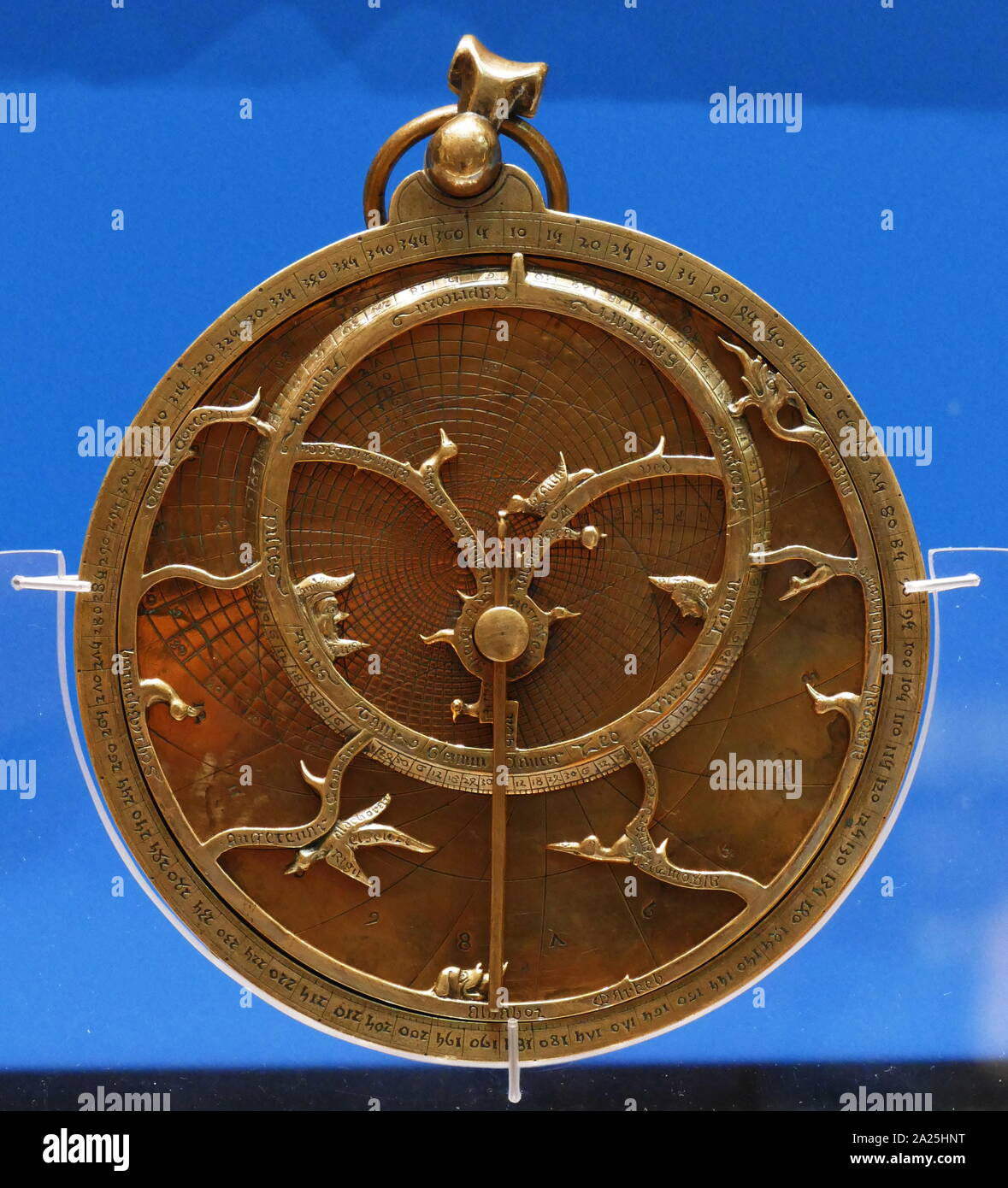 The 'Chaucer' astrolabe. This type of astrolabe has been linked to the poet, Geoffrey Chaucer (c. 1340-1400), who held important royal offices under Richard II. An astrolabe is basically a two-dimensional map of the celestial sphere. This particular astrolabe, dated 1326, resembles the instrument described in Geoffrey Chaucer's Treatise on the Astrolabe. Stock Photo