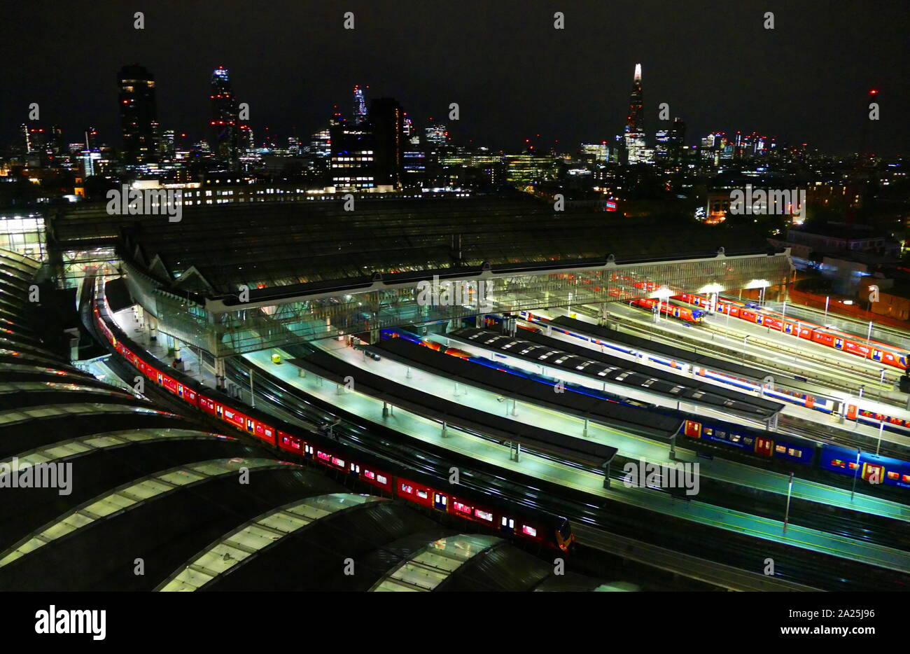 Waterloo station in central London is a railway terminus on the National Rail network, in the United Kingdom. Waterloo is the busiest railway station in the UK, with nearly a hundred million entries & exits from the station every year. It is also the country's largest station in terms of floor space and has the greatest number of platforms. Stock Photo