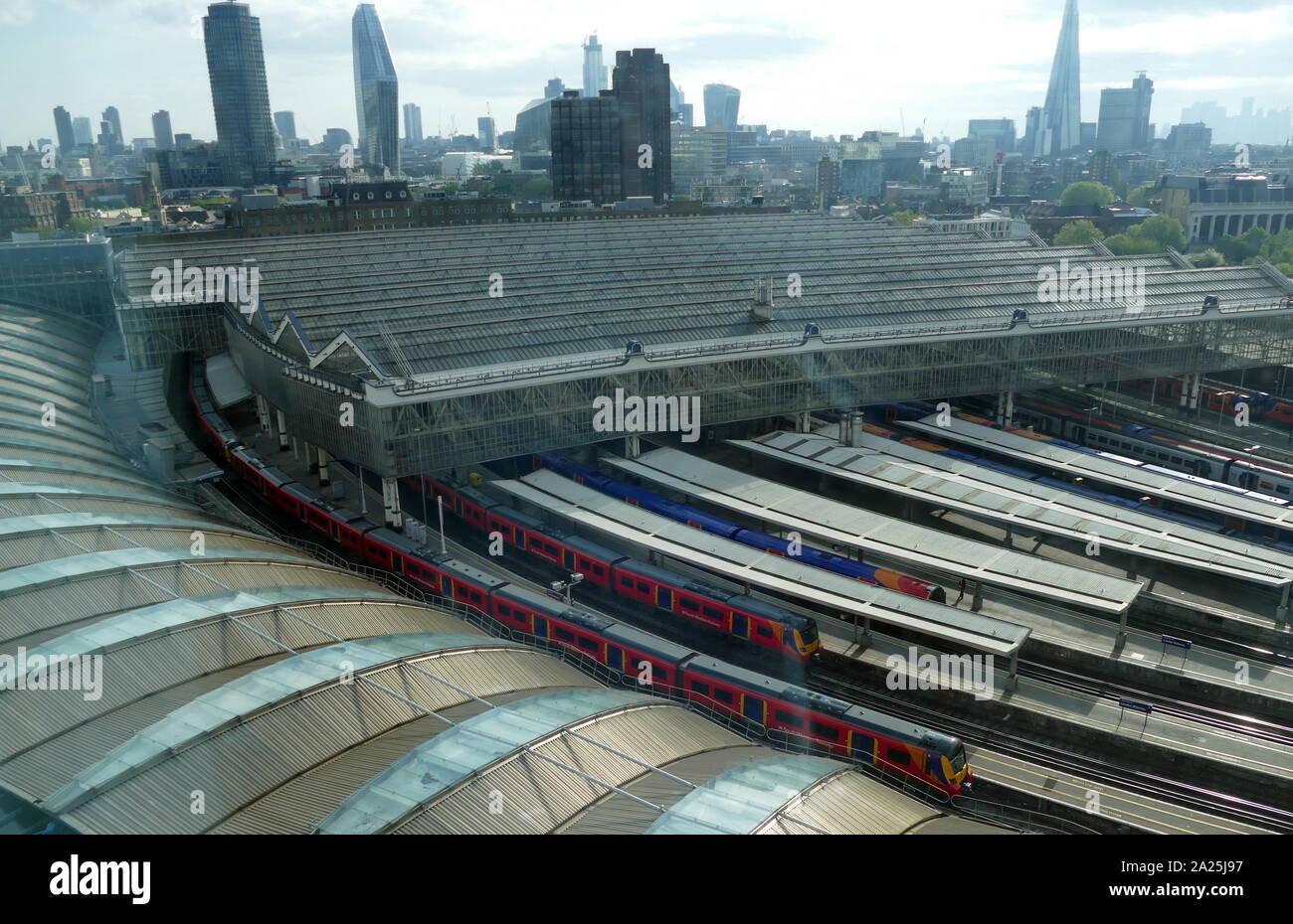 Waterloo station in central London is a railway terminus on the National Rail network, in the United Kingdom. Waterloo is the busiest railway station in the UK, with nearly a hundred million entries & exits from the station every year. It is also the country's largest station in terms of floor space and has the greatest number of platforms. Stock Photo