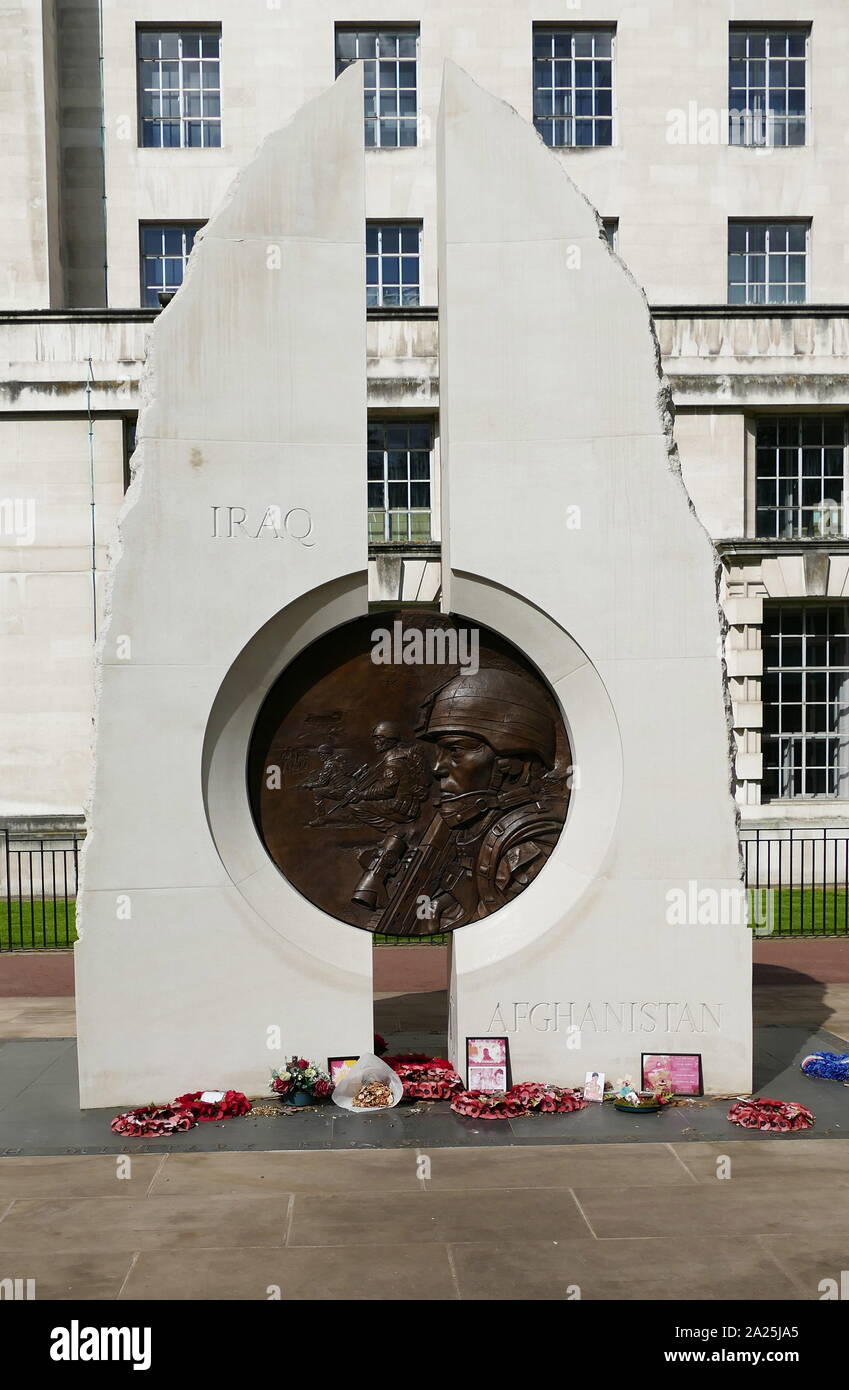 The Iraq and Afghanistan Memorial in London commemorates British citizens, including both military personnel and civilians, who participated in the Gulf War, the Afghanistan War and the Iraq War. In these three conflicts, which took place between 1990 and 2015, 682 British soldiers lost their lives. the memorial is situated in Victoria Embankment Gardens, between the River Thames and the headquarters of the Ministry of Defence. The memorial was designed by Paul Day. Stock Photo