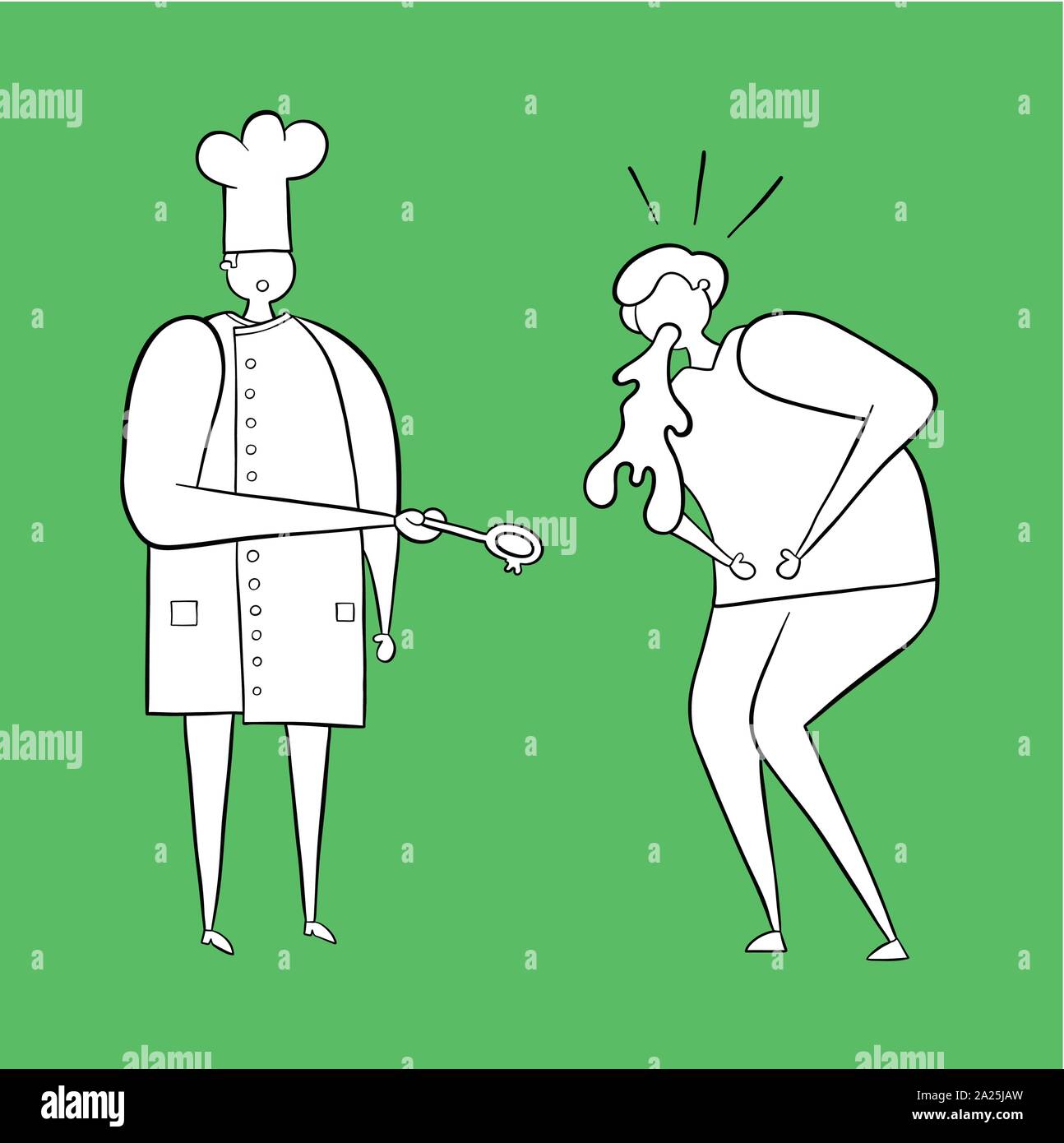 The cook has cooked bad food and the man vomits. Vector illustration ...