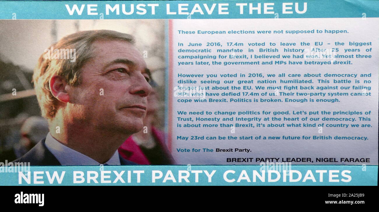 Nigel Farage leader of the Brexit party on a Brexit Party leaflet for the European Parliamentary Elections 2019. The Brexit Party is a Eurosceptic political party in the United Kingdom that was formed in 2019 Stock Photo