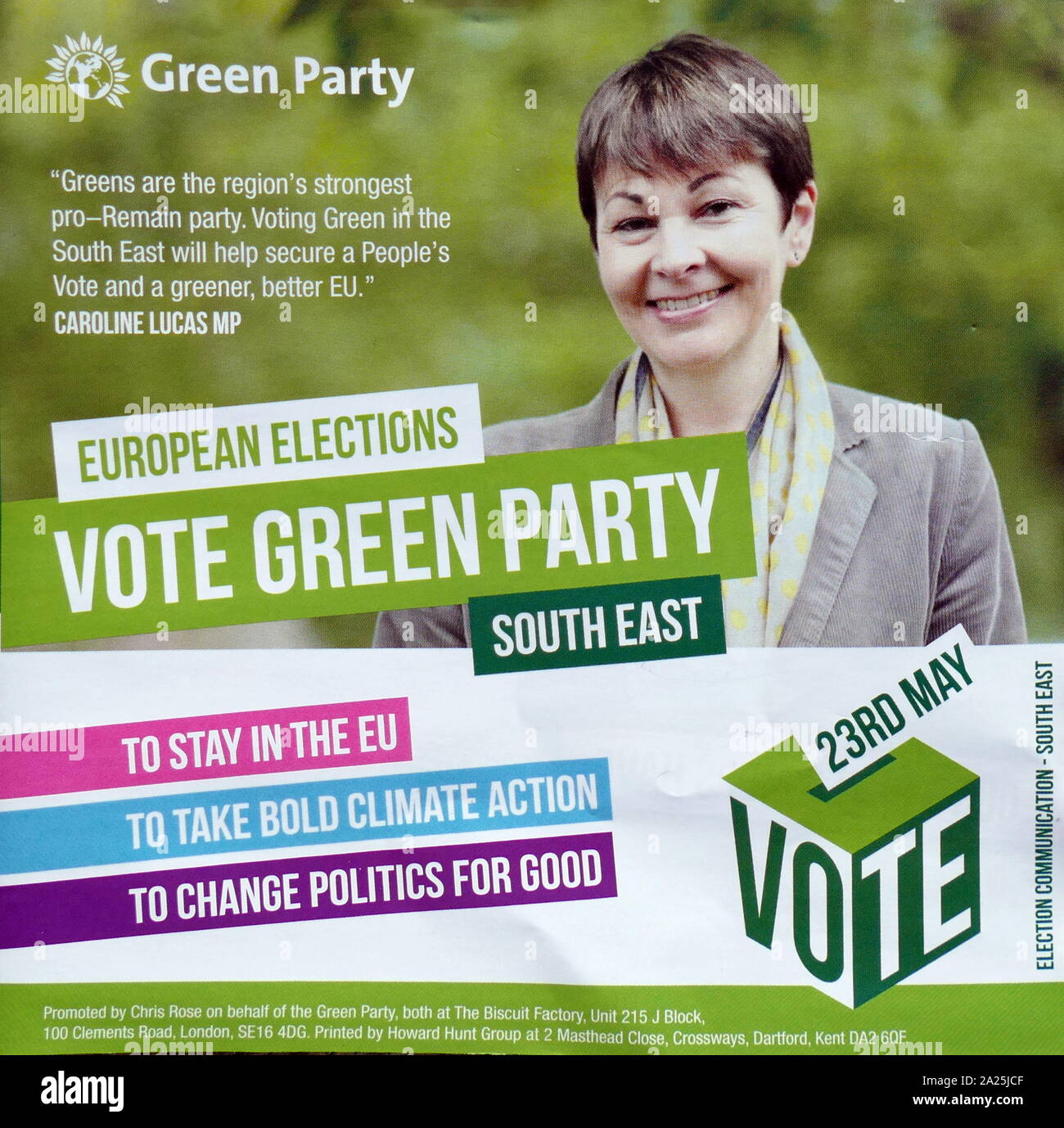 Caroline Lucas, Leader of the Green Party in the British Parliament, appears on an election leaflet for the European Parliament Elections May 2019 Stock Photo