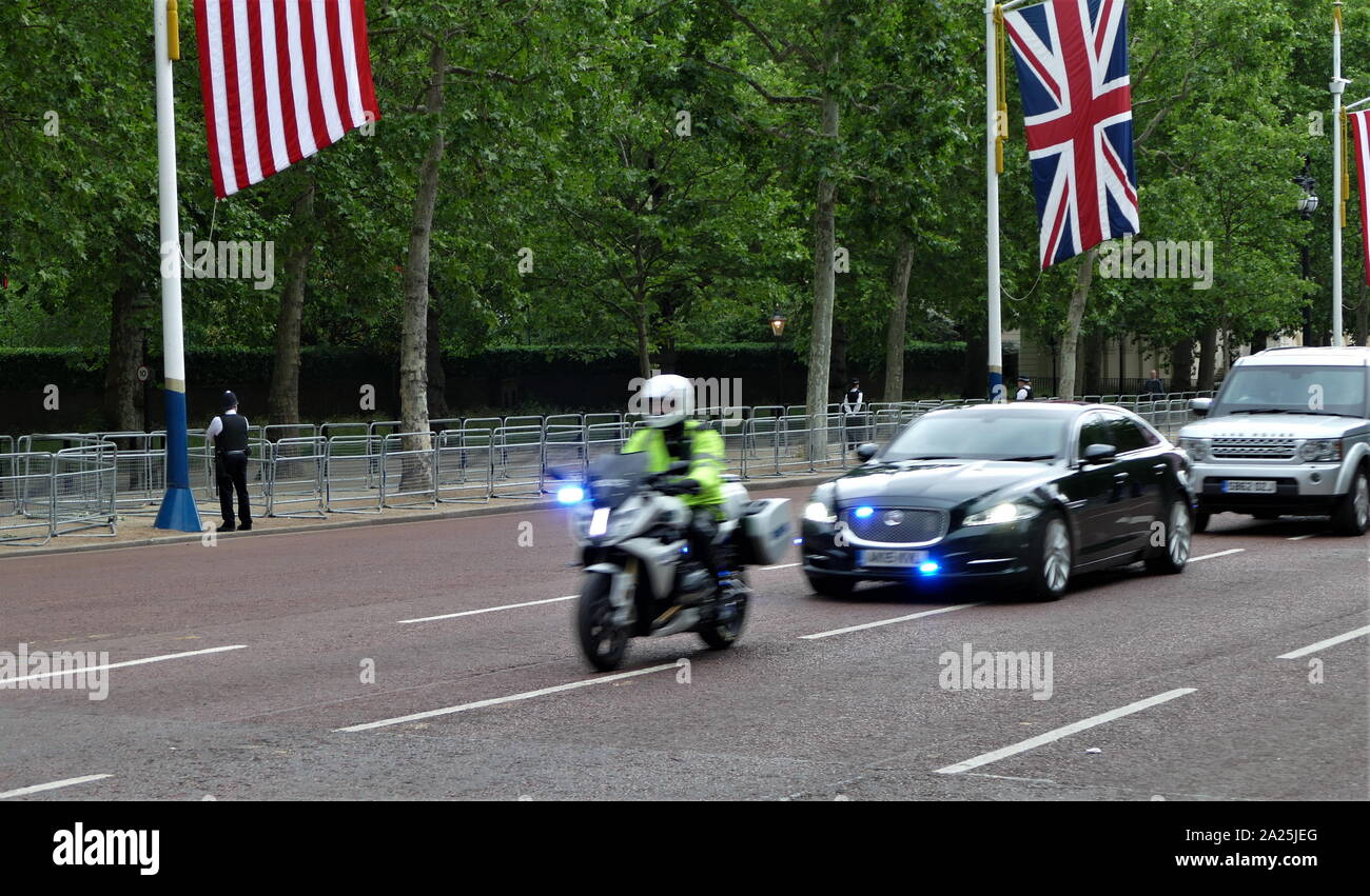 Prime Minister Theresa May arrives at St James's Palace, on the Mall, London, secured by police during the state Visit for President Donald Trump June 2019 Stock Photo