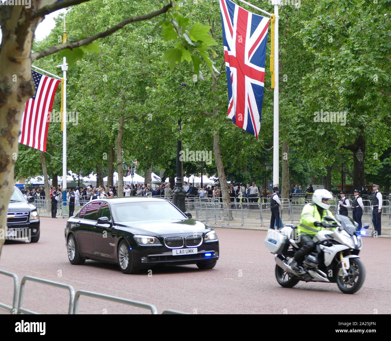 Princess Ann arrives at St James's Palace on the Mall en route to Buckingham Palace, London, secured by police during the state Visit for President Donald Trump June 2019 Stock Photo