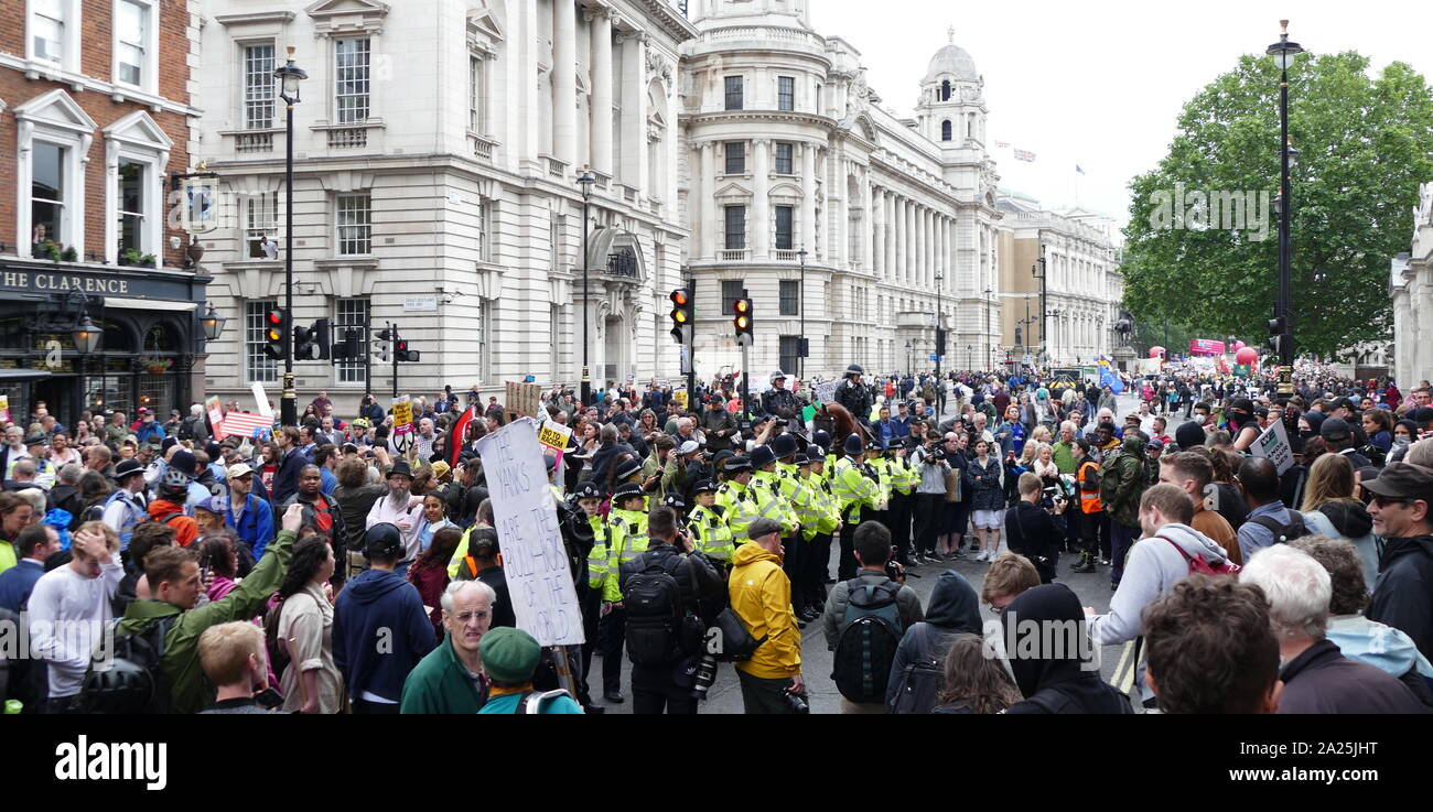 Demonstrations in Whitehall and Trafalgar Square London during the State Visit of US President Donald Trump to Great Britain; June 2019 Stock Photo