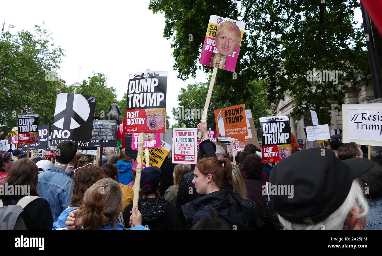 Demonstrations in Whitehall and Trafalgar Square London during the State Visit of US President Donald Trump to Great Britain; June 2019 Stock Photo