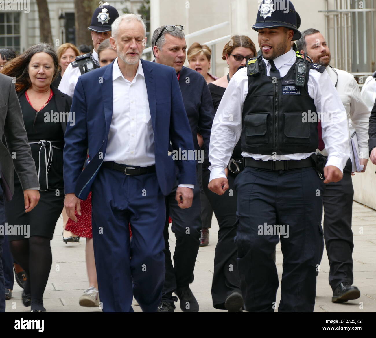 Labour Party Leader Jeremy Corbyn leaving a demonstration in Whitehall and Trafalgar Square London during the State Visit of US President Donald Trump to Great Britain; June 2019 Stock Photo