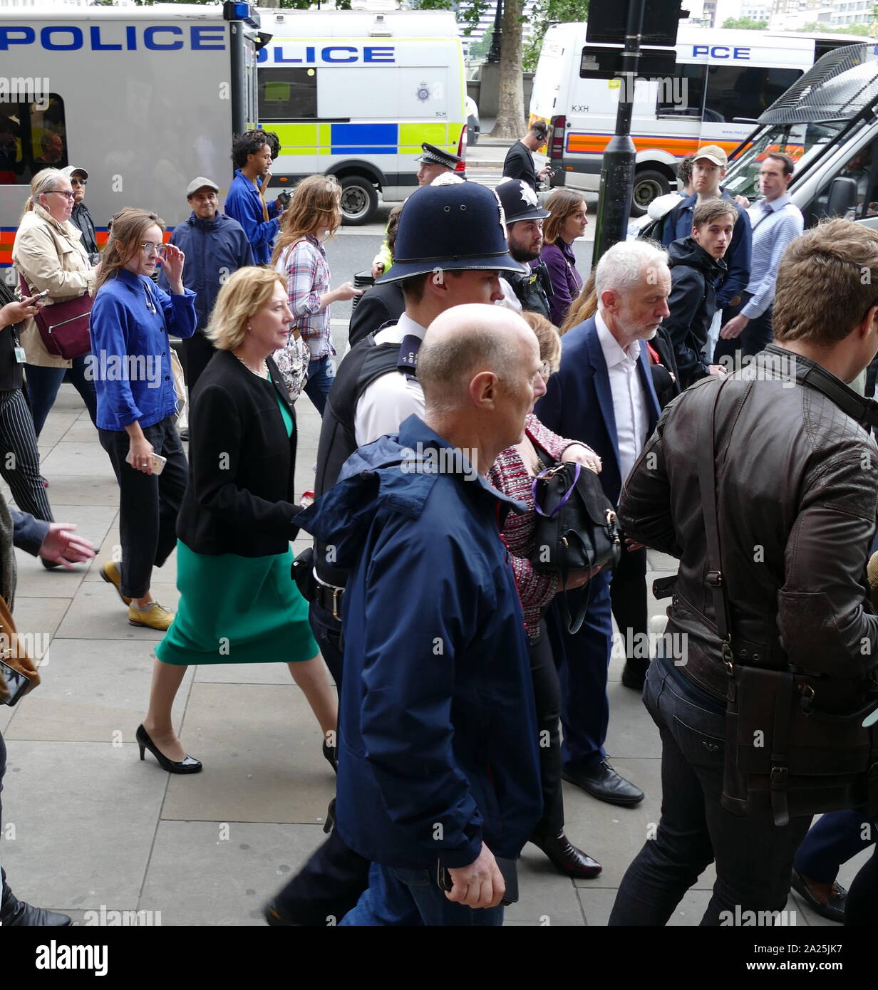 Labour Party Leader Jeremy Corbyn leaving a demonstration in Whitehall and Trafalgar Square London during the State Visit of US President Donald Trump to Great Britain; June 2019 Stock Photo