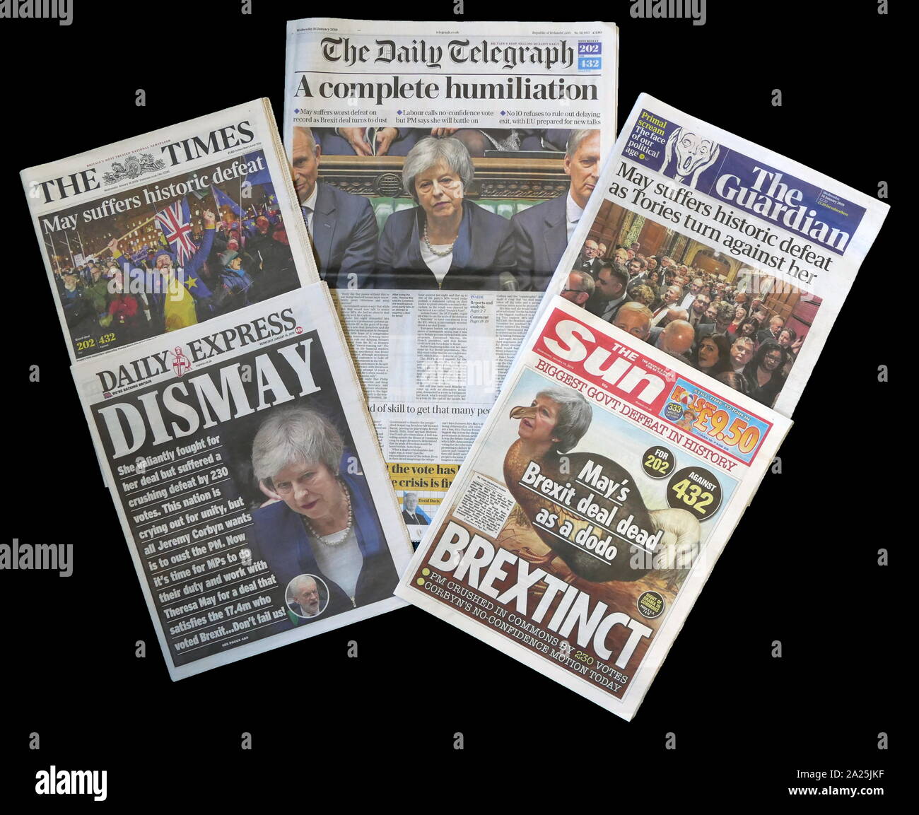 Media front pages in January 2019, reporting on the defeat of Theresa May's Brexit Deal Proposals in Parliament which eventually led to her resignation as Prime Minister and Conservative Party Leader in 2019 Stock Photo