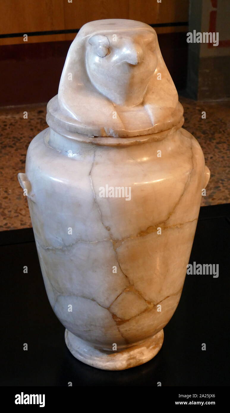 Canopic jar made from alabaster, 1st century BC, Egyptian. Depicts Horus Stock Photo