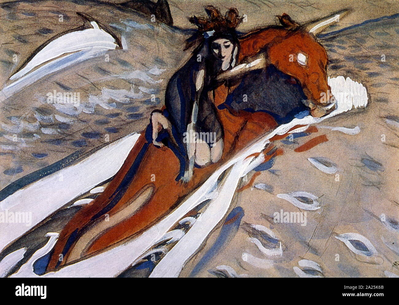Abduction of Europa 1910 by Valentin Serov, (1865-1911) Russian painter, and one of the premier portrait artists of his era. In Greek mythology, Europa was the mother of King Minos of Crete, after whom the continent Europe was named. The story of her abduction by Zeus in the form of a white bull was a Cretan story Stock Photo