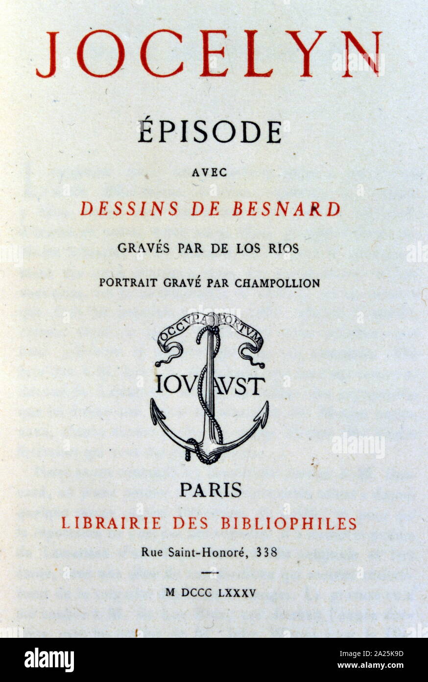 Title page of 'Jocelyn and La Chute d'un ange' 1885 the story written in 1836, by Alphonse Marie Louis de Prat de Lamartine, Knight of Pratz (1790 – 1869), French writer, poet and politician who was instrumental in the foundation of the Second Republic and the continuation of the Tricolore as the flag of France. Stock Photo