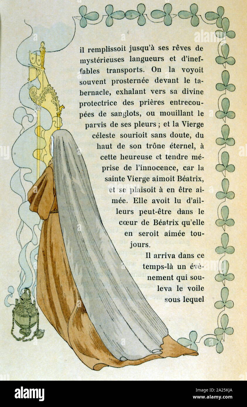 Illustration by Henri Caruchet (1873-1948); for 'La Légende de soeur  Béatrix' by Charles Nodier (1780-1844), 1903. coloured plate illustration  with borders and ornaments. This is Nodier's short story based on the legend