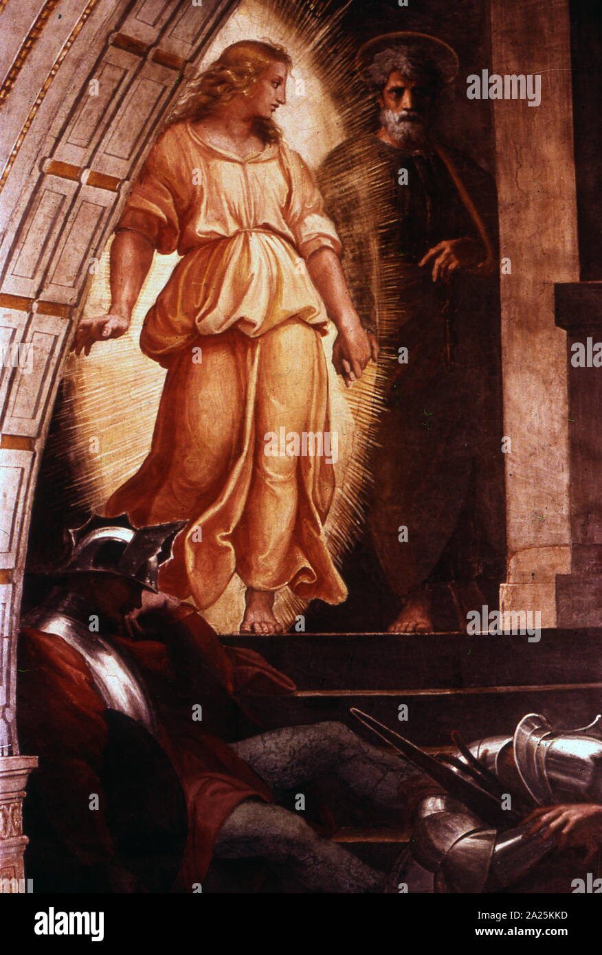 The Liberation of Saint Peter (detail) from a fresco painting by the Italian High Renaissance artist Raphael. It was painted in 1514 as part of Raphael's commission to decorate with frescoes the rooms that are now known as the Stanze di Raffaello, in the Apostolic Palace in the Vatican. The painting shows how Saint Peter was liberated from Herod's prison by an angel, as described in Acts 12. an angel guides Peter past the sleeping guards. Stock Photo