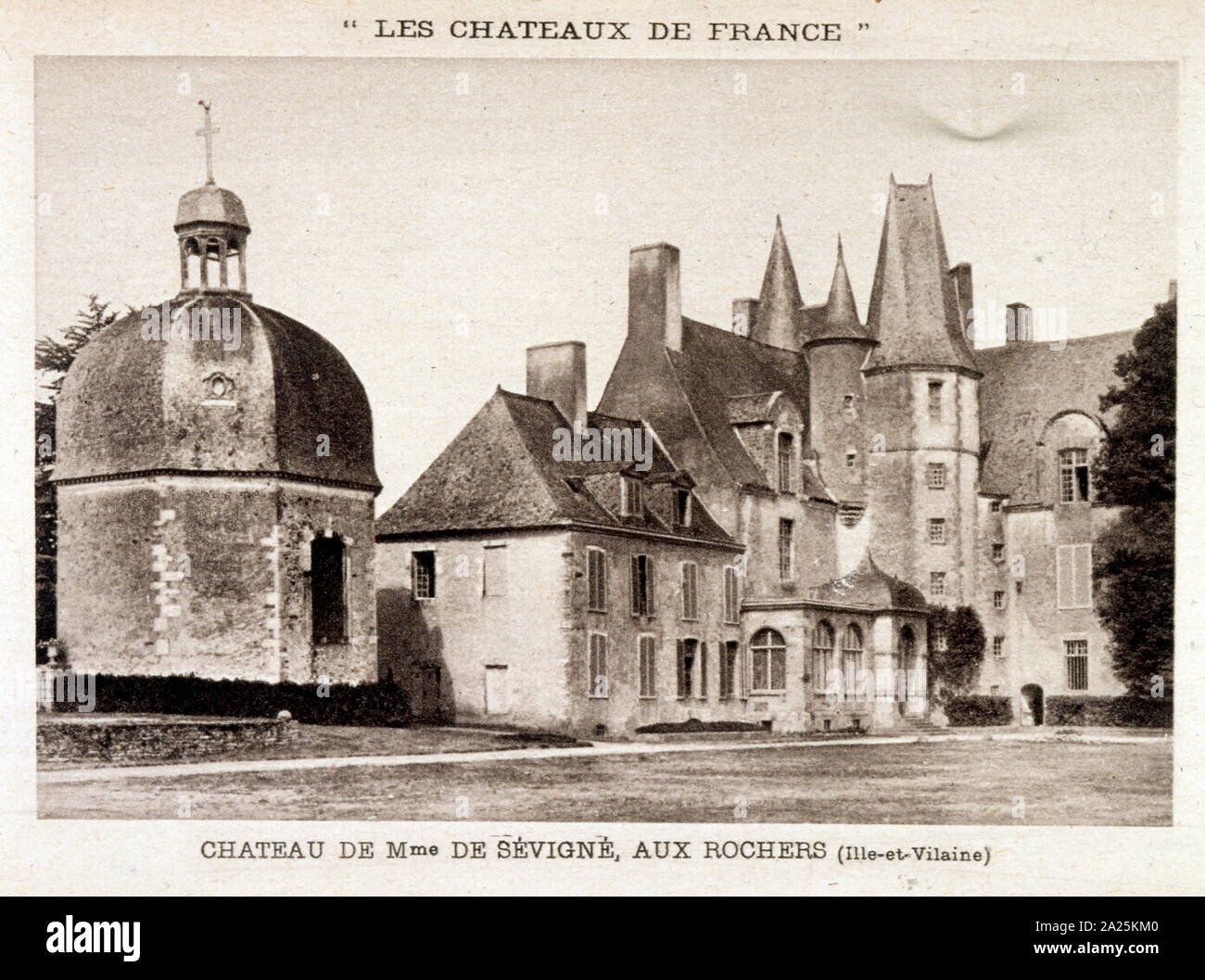 Rochers-Sévigné castle, former Breton residence of Madame de Sevigne, is a Gothic manor house of the fifteenth century near Vitré in Ille-et-Vilaine. The house is built on an L-shaped plan and has two towers. There is also an octagonal chapel, built by Madame de Sevigne in 1671 for her uncle, the Abbe de Coulanges, named the Bien-Bon, stables and commons added in the eighteenth century. At the bottom of the garden, a wall in the shape of an arc causes an echo when one is placed on a slab. Madame de Sevigne used it to read to her daughter. Stock Photo