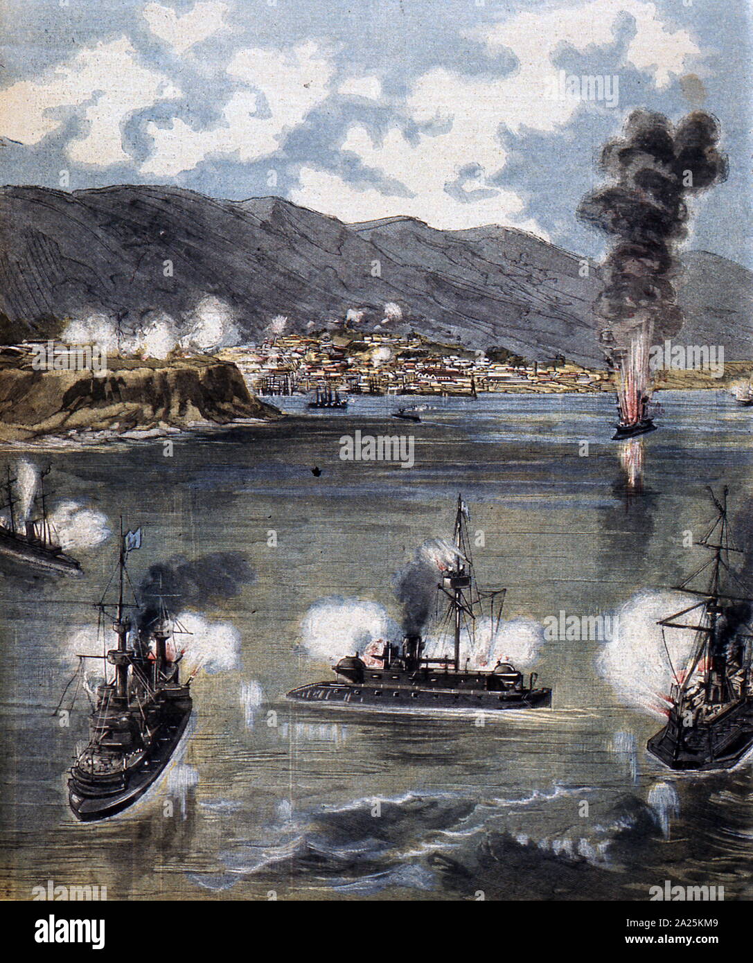 Revolution in Chile 1891. The rebel fleet bombarding the town of