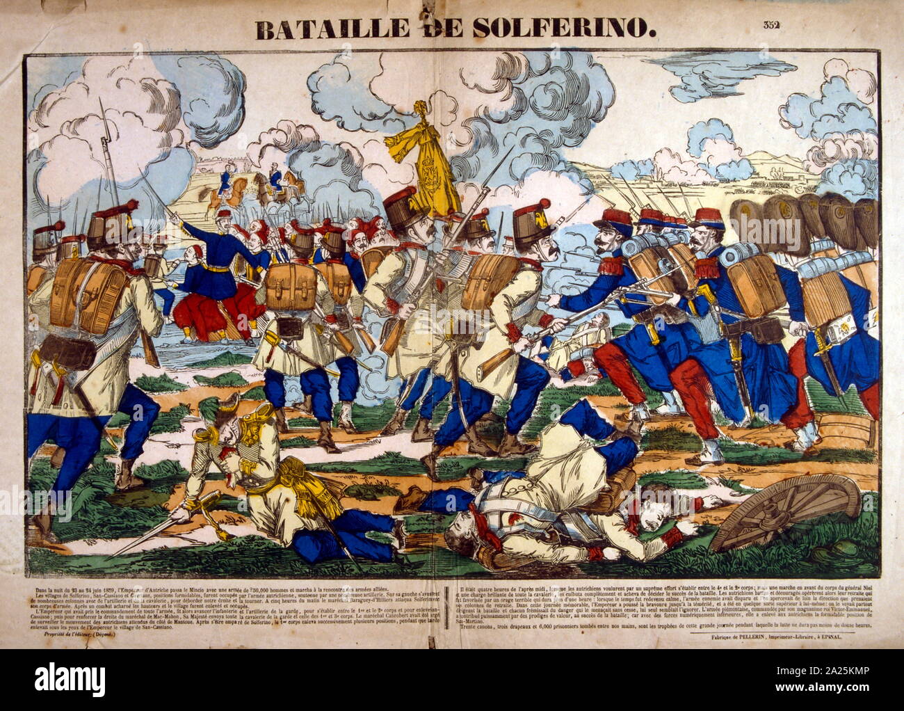 French illustration of the Battle of Solferino (referred to in Italy as the Battle of Solferino and San Martino) on 24 June 1859 resulted in the victory of the allied French Army under Napoleon III and Sardinian Army under Victor Emmanuel II (together known as the Franco-Sardinian Alliance) against the Austrian Army under Emperor Franz Joseph I. It was the last major battle in world history where all the armies were under the personal command of their monarchs. Stock Photo