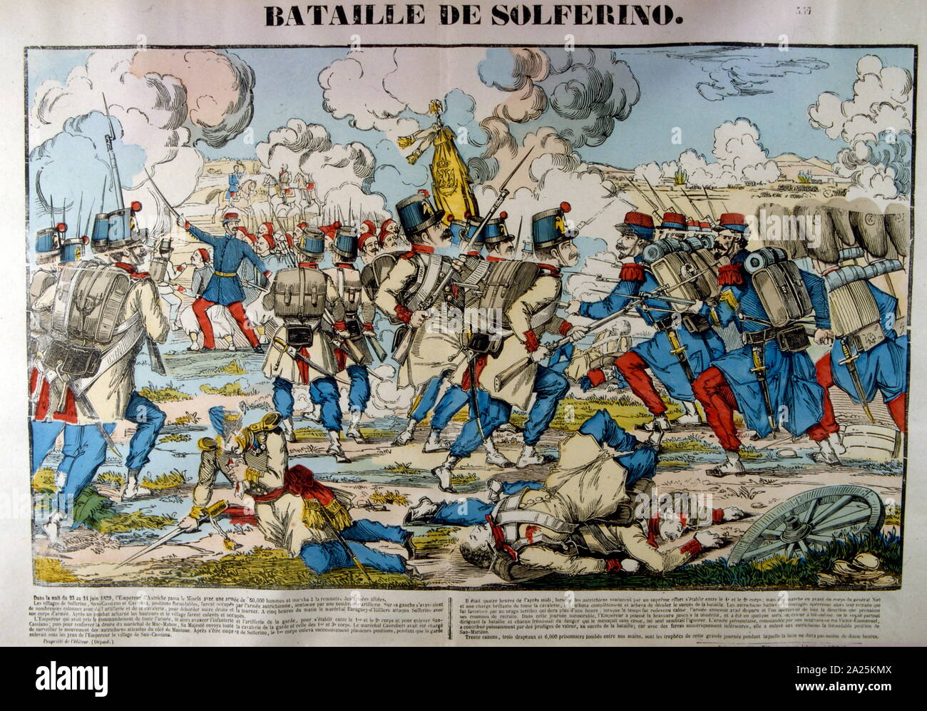 French illustration of the Battle of Solferino (referred to in Italy as the Battle of Solferino and San Martino) on 24 June 1859 resulted in the victory of the allied French Army under Napoleon III and Sardinian Army under Victor Emmanuel II (together known as the Franco-Sardinian Alliance) against the Austrian Army under Emperor Franz Joseph I. It was the last major battle in world history where all the armies were under the personal command of their monarchs. Stock Photo