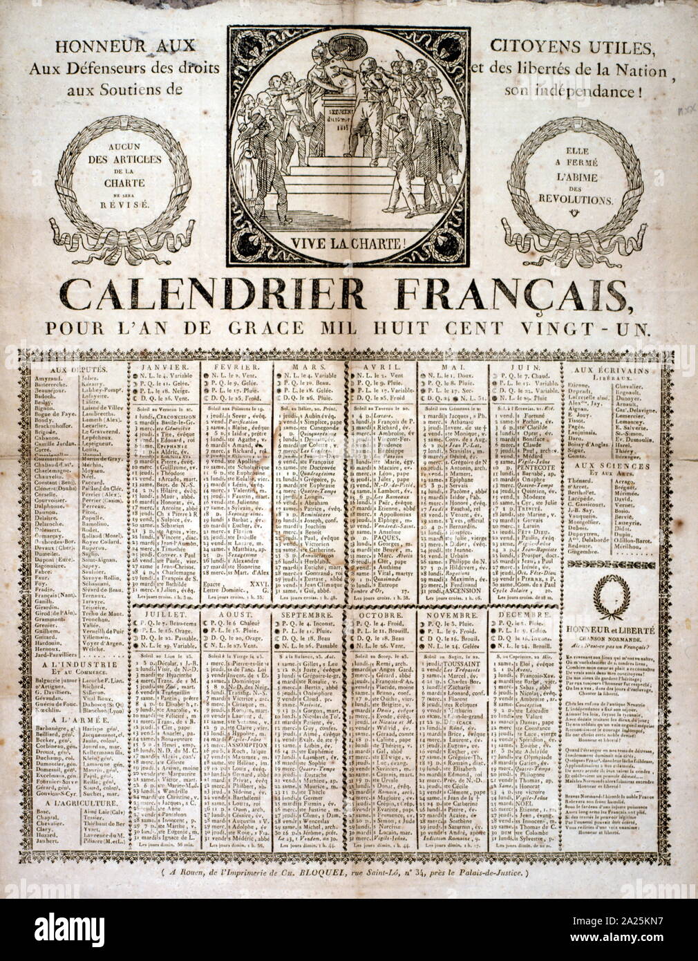 French annual calendar for 1821 Stock Photo