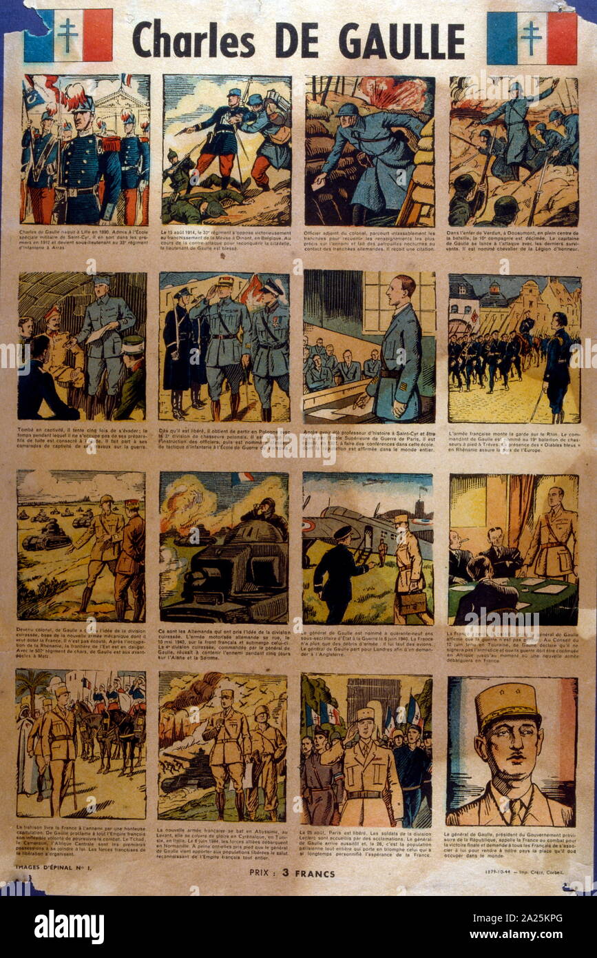 1944 cartoon series (comic format) depicting the life of general Charles de Gaulle, Commander of Free French Forces and Leader of Free France, during World War Two. later President of France Stock Photo