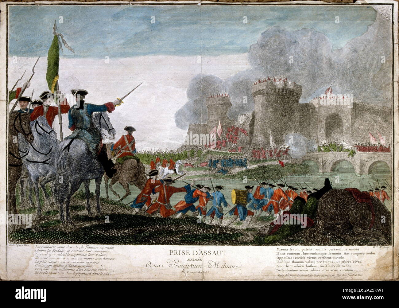 18th century French illustration depicting a siege of a castle Stock Photo