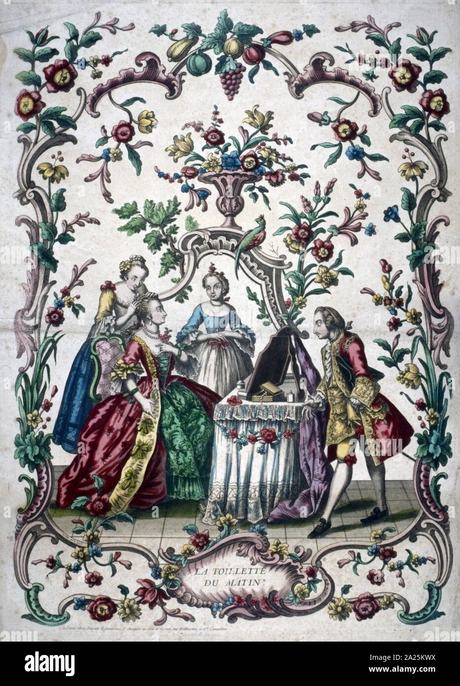 engraving depicting a French noblewoman at her morning toilette. 18th century Stock Photo