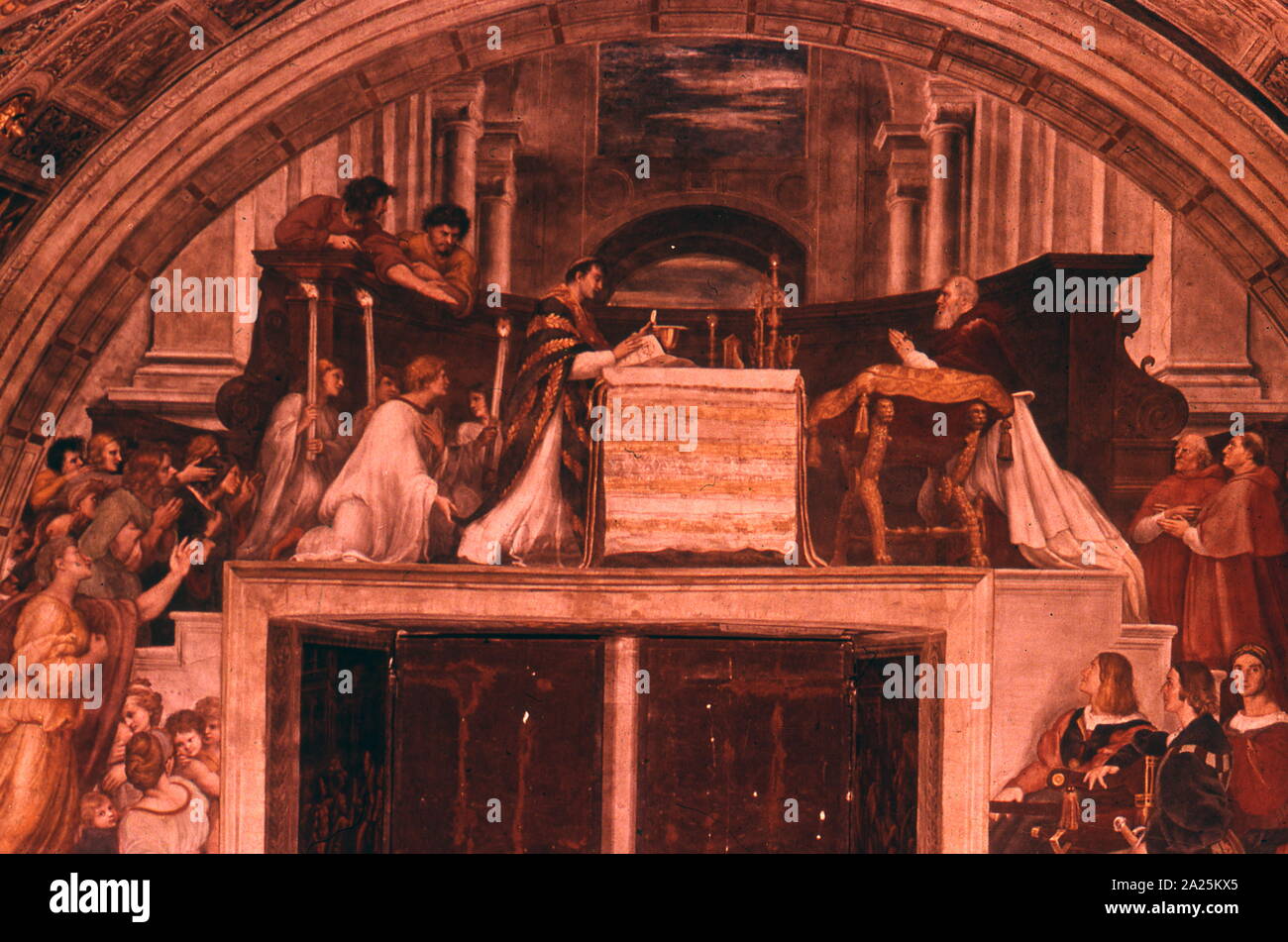 Raphael (1483–1520):Raffaello Sanzio. The Mass at Bolsena. 1514; Fresco. Stock Photo