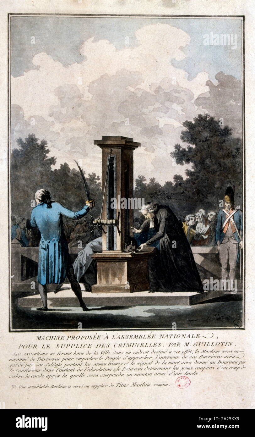 A guillotine used for carrying out executions by beheading. The device is best known for its use in France, in particular during the French Revolution, where it was celebrated as the people's avenger by supporters of the revolution and vilified as the pre-eminent symbol of the Reign of Terror by opponents. On 10 October 1789, physician Joseph-Ignace Guillotin proposed to the National Assembly that capital punishment should always take the form of decapitation 'by means of a simple mechanism.' Stock Photo