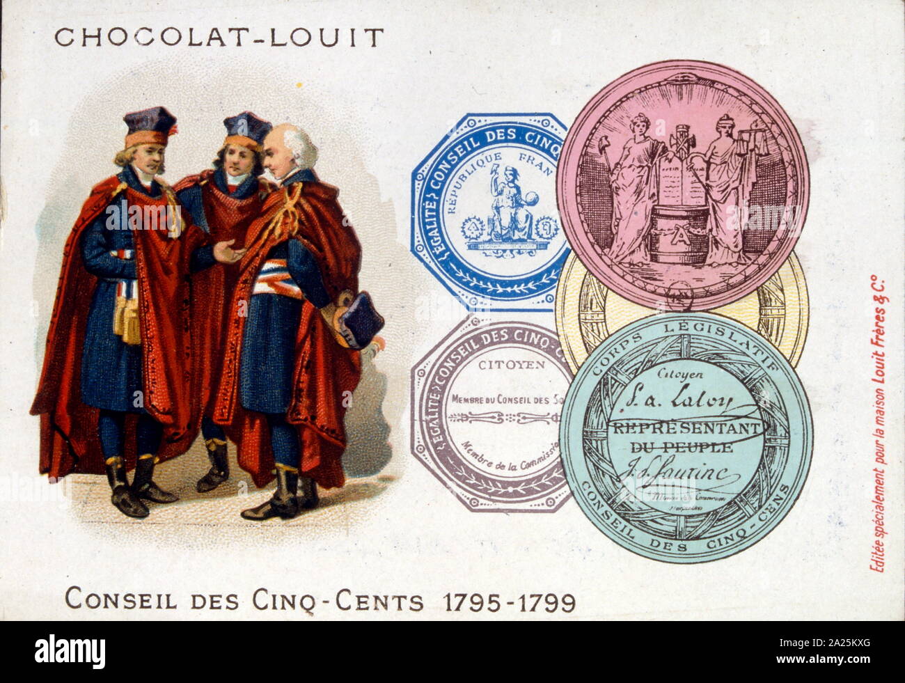 Illustration depicting members of the Council of Five Hundred (Conseil des Cinq-Cents), or simply the Five Hundred, was the lower house of the legislature of France under the Constitution of the Year III. It existed during the period commonly known (from the name of the executive branch during this time) as the Directory (Directoire), from 26 October 1795 until 9 November 1799 Stock Photo