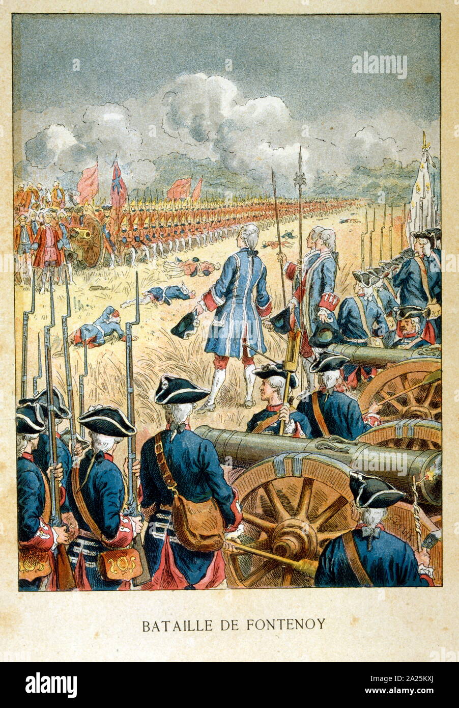 The Battle of Fontenoy, 11 May 1745, was a major engagement of the War of the Austrian Succession, fought between the forces of the Pragmatic Allies – comprising mainly Dutch, British, and Hanoverian troops under the command of the Duke of Cumberland – and a French army under Maurice de Saxe, commander of King Louis XV's forces in the Low Countries. The battle was one of the most important in the war and considered the masterpiece of Saxe, serving France; Louis XV, and his son, the Dauphin, were present at the battle. Stock Photo
